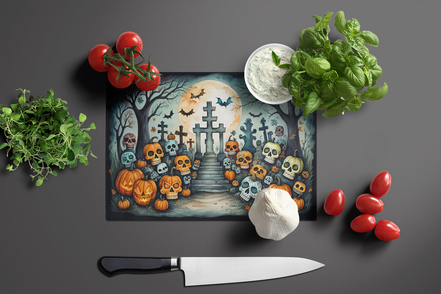 Calaveras Sugar Skulls Spooky Halloween Cutting Board Tempered Glass Kitchen Cutting Surface, Heat Resistant Chopping, Non-Slip Feet, Food Prep & Serving
