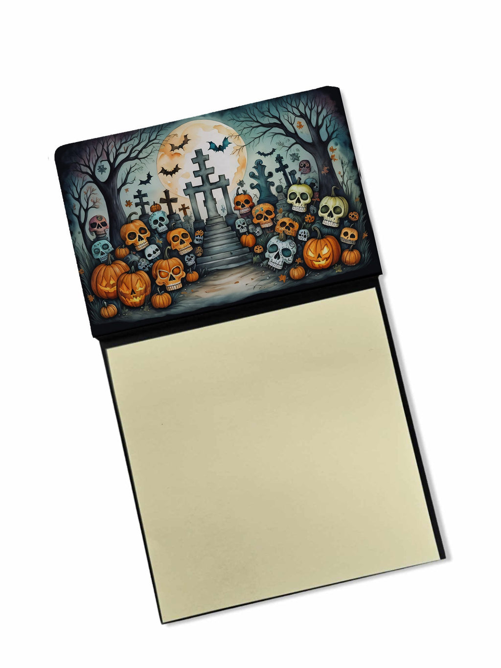 Calaveras Sugar Skulls Spooky Halloween Watercolor Sticky Note Holder Refillable Dispenser Desk Accessory 3x3 Pad Gift