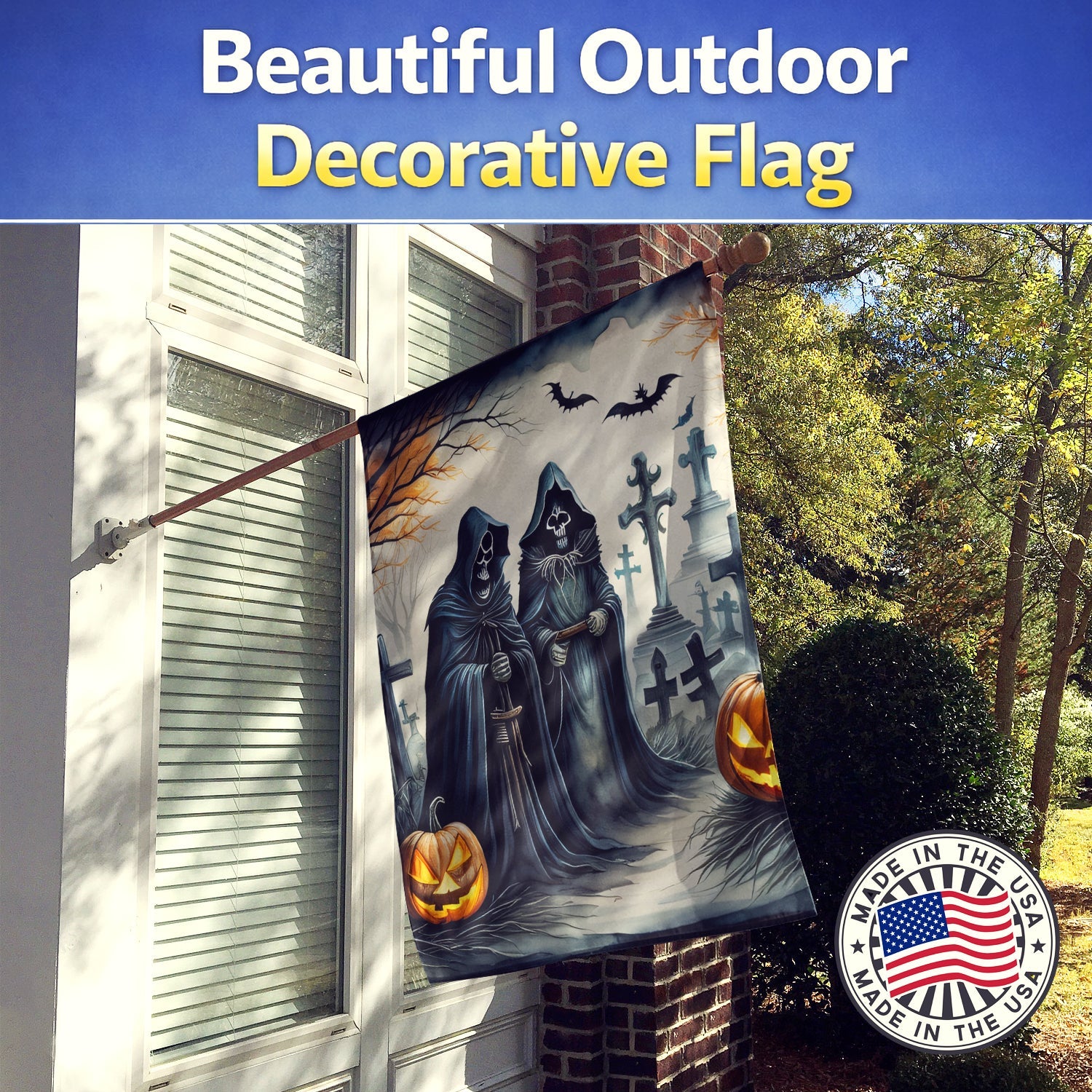 The Grim Reaper Spooky Halloween House Flag 28x40 Porch Sleeve Pole Decorative Outside Yard Banner Artwork Wall Hanging, Polyester