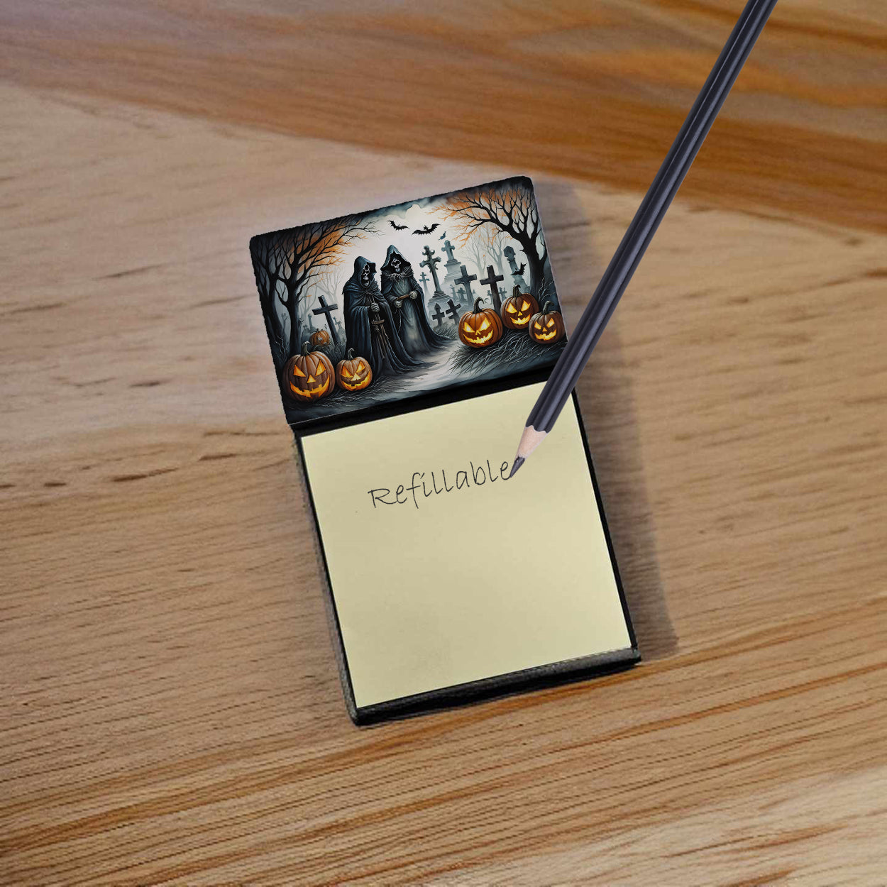 The Grim Reaper Spooky Halloween Watercolor Sticky Note Holder Refillable Dispenser Desk Accessory 3x3 Pad Gift