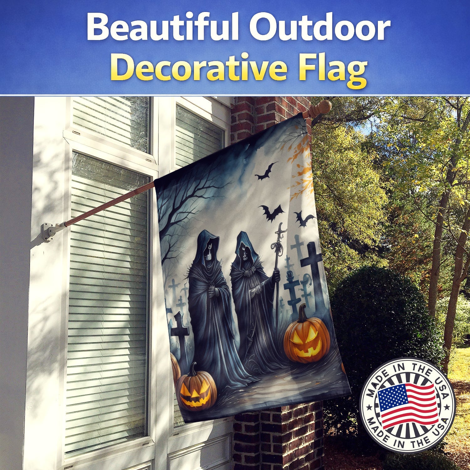 The Grim Reaper Spooky Halloween House Flag 28x40 Porch Sleeve Pole Decorative Outside Yard Banner Artwork Wall Hanging, Polyester