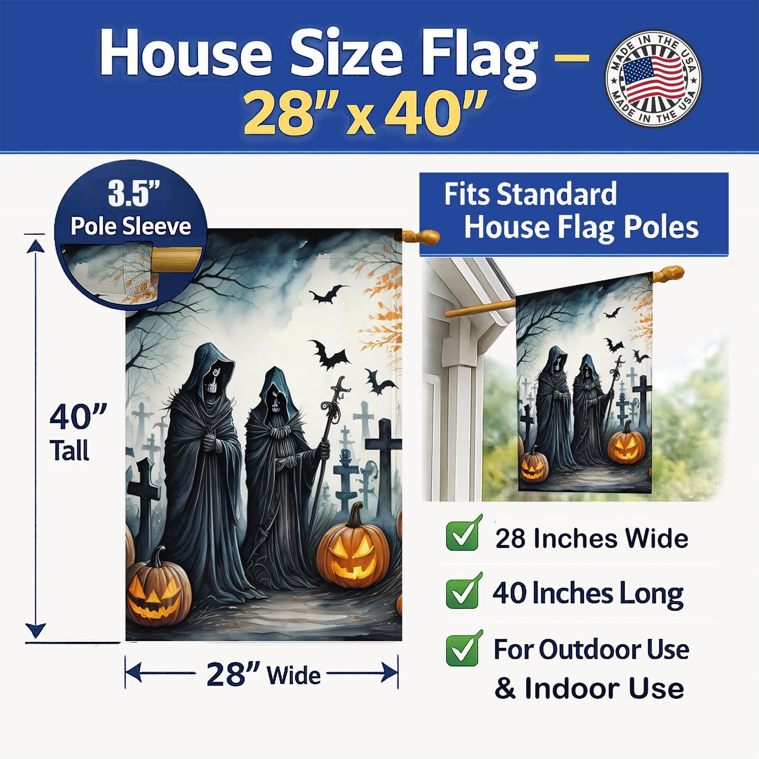 The Grim Reaper Spooky Halloween House Flag 28x40 Porch Sleeve Pole Decorative Outside Yard Banner Artwork Wall Hanging, Polyester