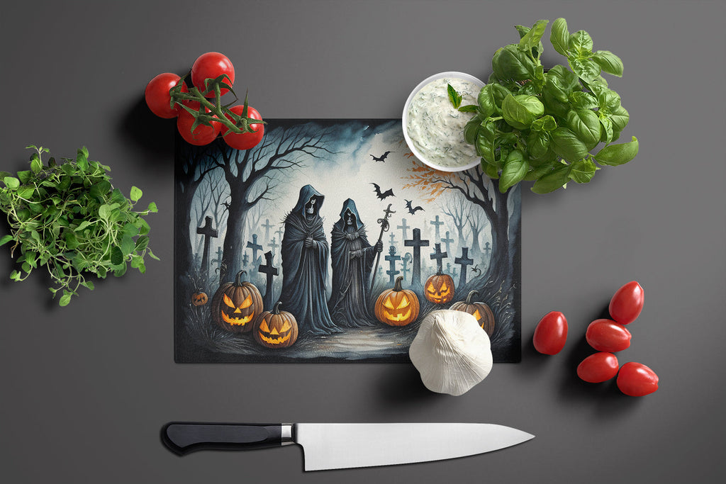 The Grim Reaper Spooky Halloween Cutting Board Tempered Glass Kitchen Cutting Surface, Heat Resistant Chopping, Non-Slip Feet, Food Prep & Serving