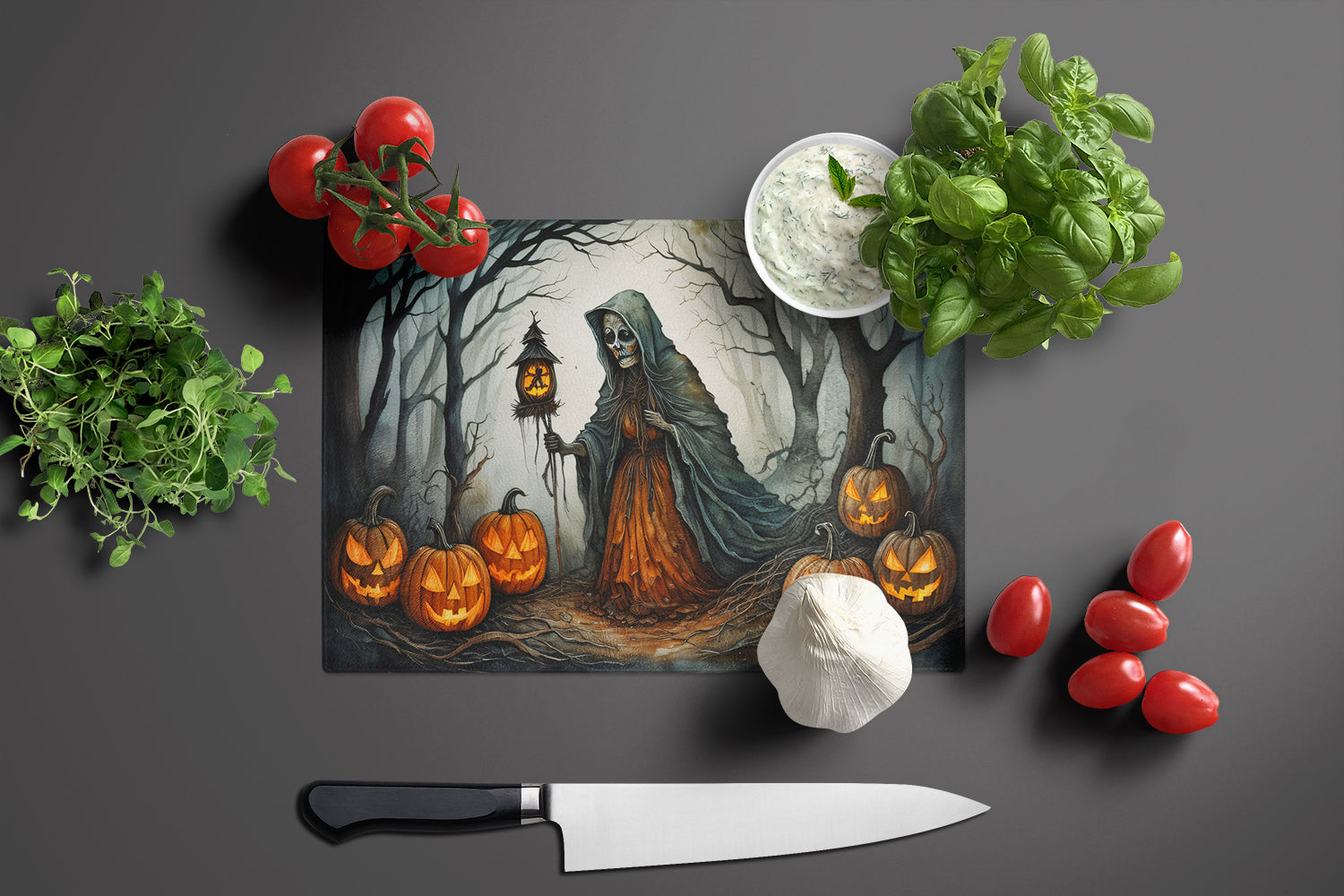 The Weeping Woman Spooky Halloween Cutting Board Tempered Glass Kitchen Cutting Surface, Heat Resistant Chopping, Non-Slip Feet, Food Prep & Serving