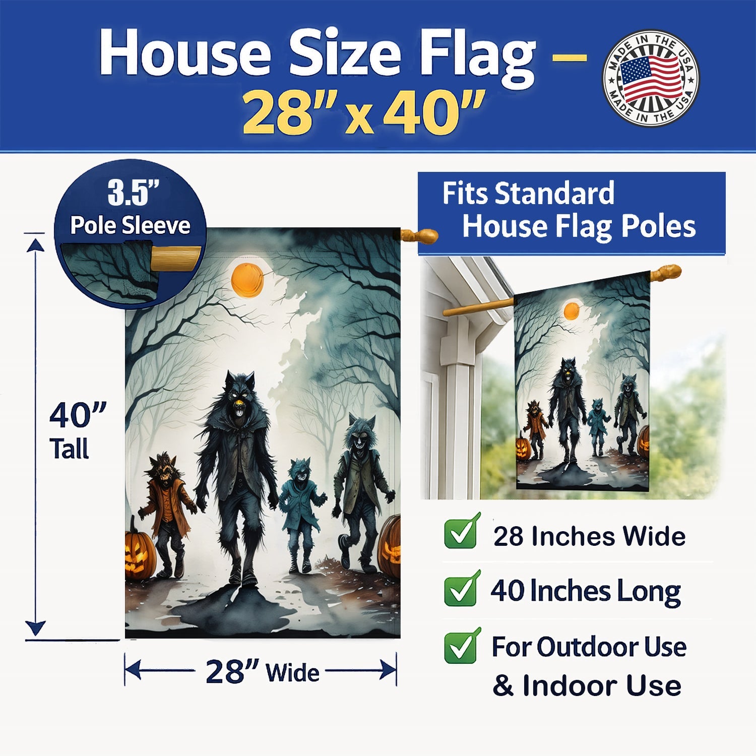 Werewolves Spooky Halloween House Flag 28x40 Porch Sleeve Pole Decorative Outside Yard Banner Artwork Wall Hanging, Polyester