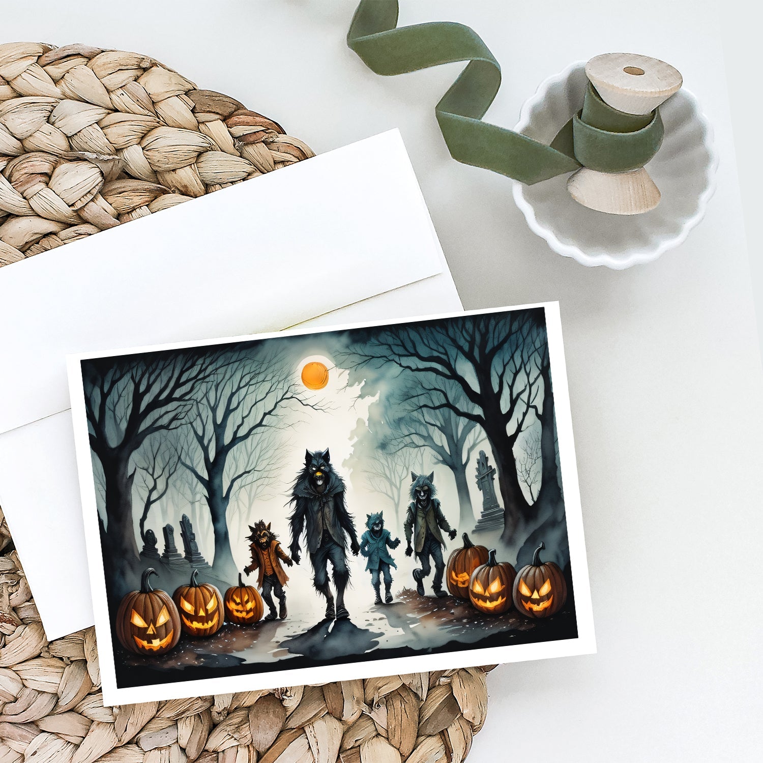 Werewolves Spooky Halloween Greeting Cards Pack of 8 Blank Cards with Envelopes Whimsical A7 Size 5x7