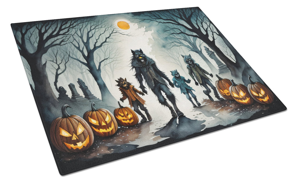 Werewolves Spooky Halloween Cutting Board Tempered Glass Kitchen Cutting Surface, Heat Resistant Chopping, Non-Slip Feet, Food Prep & Serving
