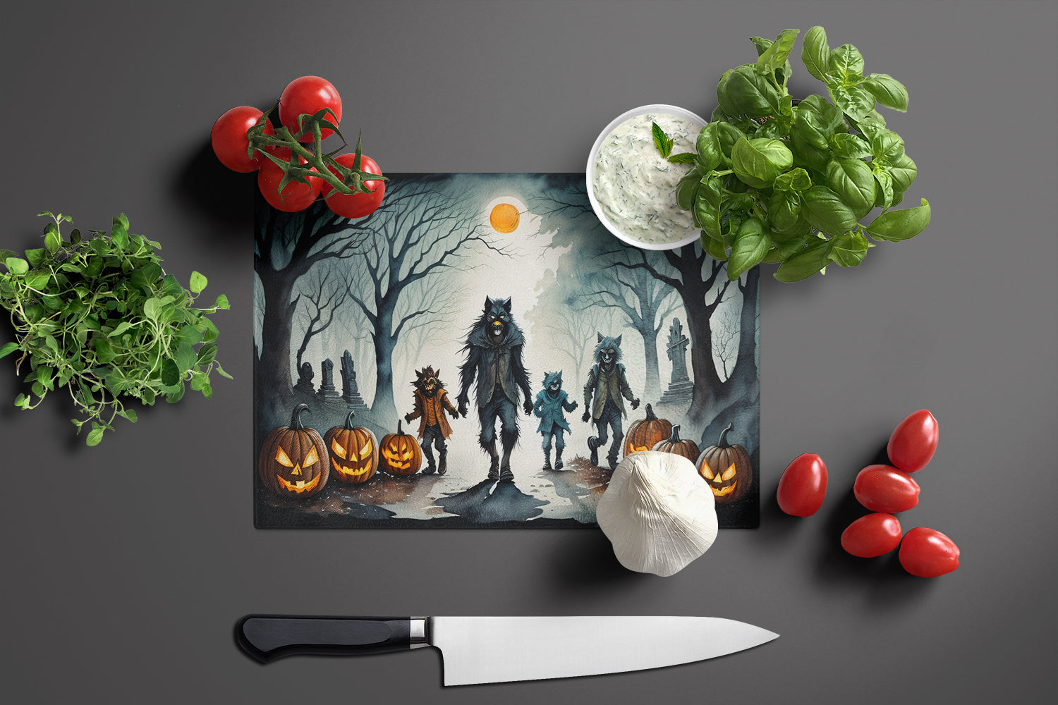 Werewolves Spooky Halloween Cutting Board Tempered Glass Kitchen Cutting Surface, Heat Resistant Chopping, Non-Slip Feet, Food Prep & Serving