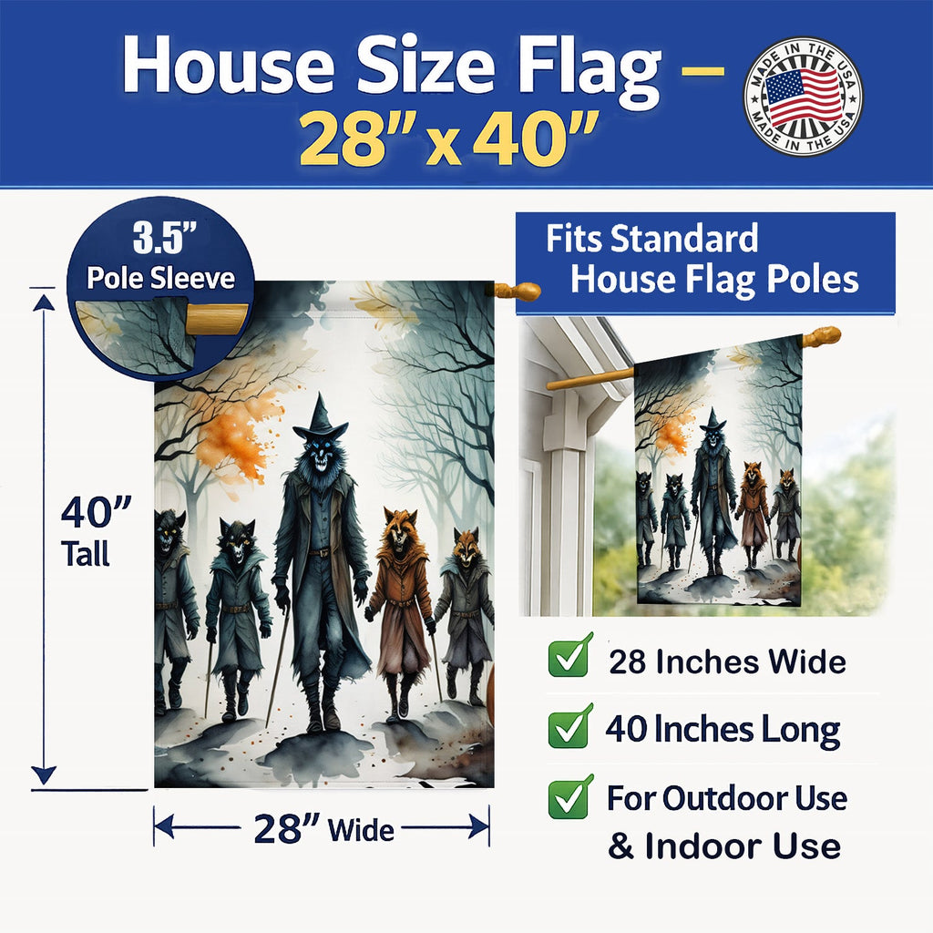 Werewolves Spooky Halloween House Flag 28x40 Porch Sleeve Pole Decorative Outside Yard Banner Artwork Wall Hanging, Polyester