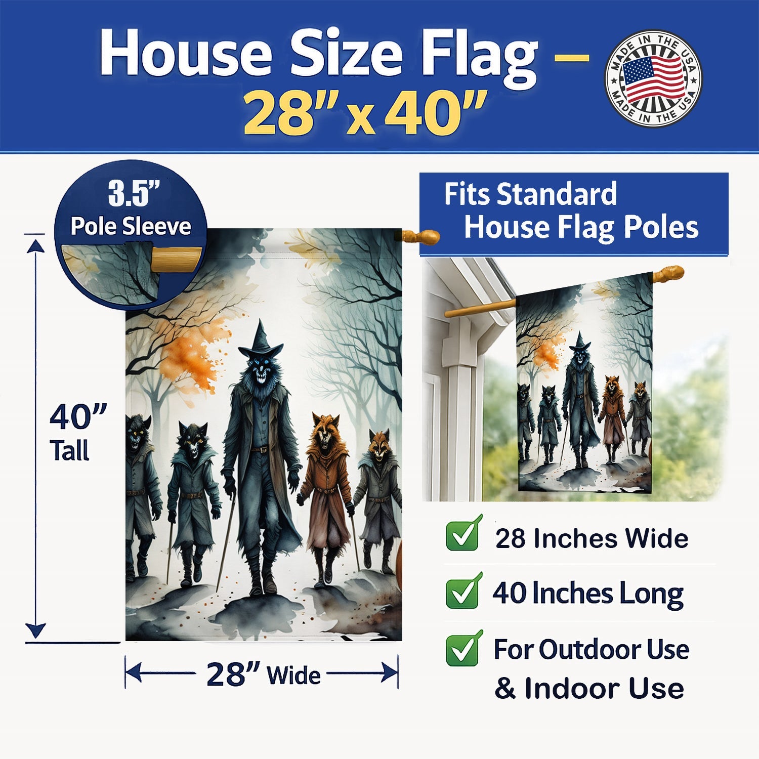 Werewolves Spooky Halloween House Flag 28x40 Porch Sleeve Pole Decorative Outside Yard Banner Artwork Wall Hanging, Polyester