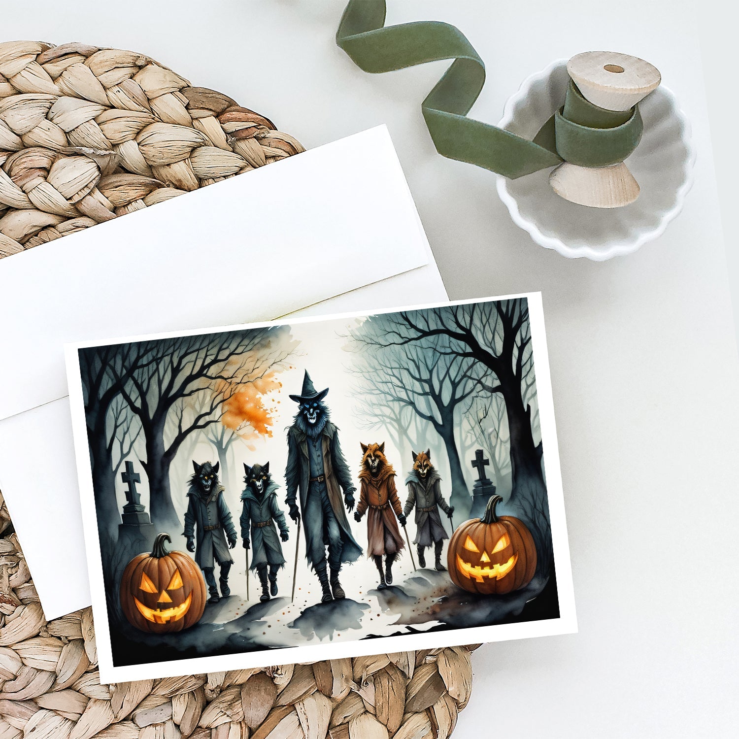 Werewolves Spooky Halloween Greeting Cards Pack of 8 Blank Cards with Envelopes Whimsical A7 Size 5x7