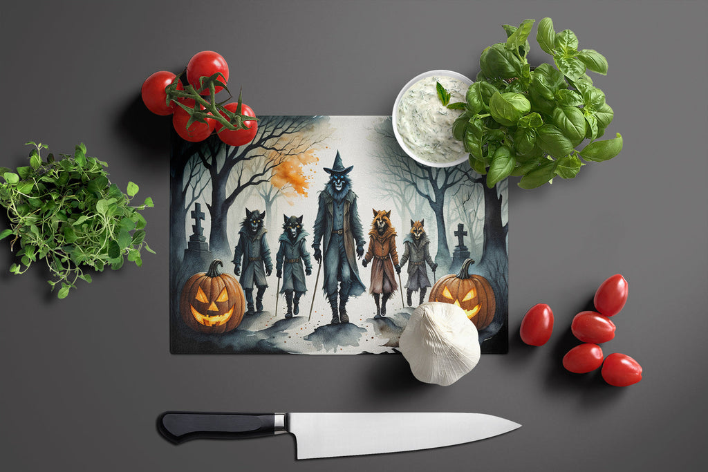Werewolves Spooky Halloween Cutting Board Tempered Glass Kitchen Cutting Surface, Heat Resistant Chopping, Non-Slip Feet, Food Prep & Serving