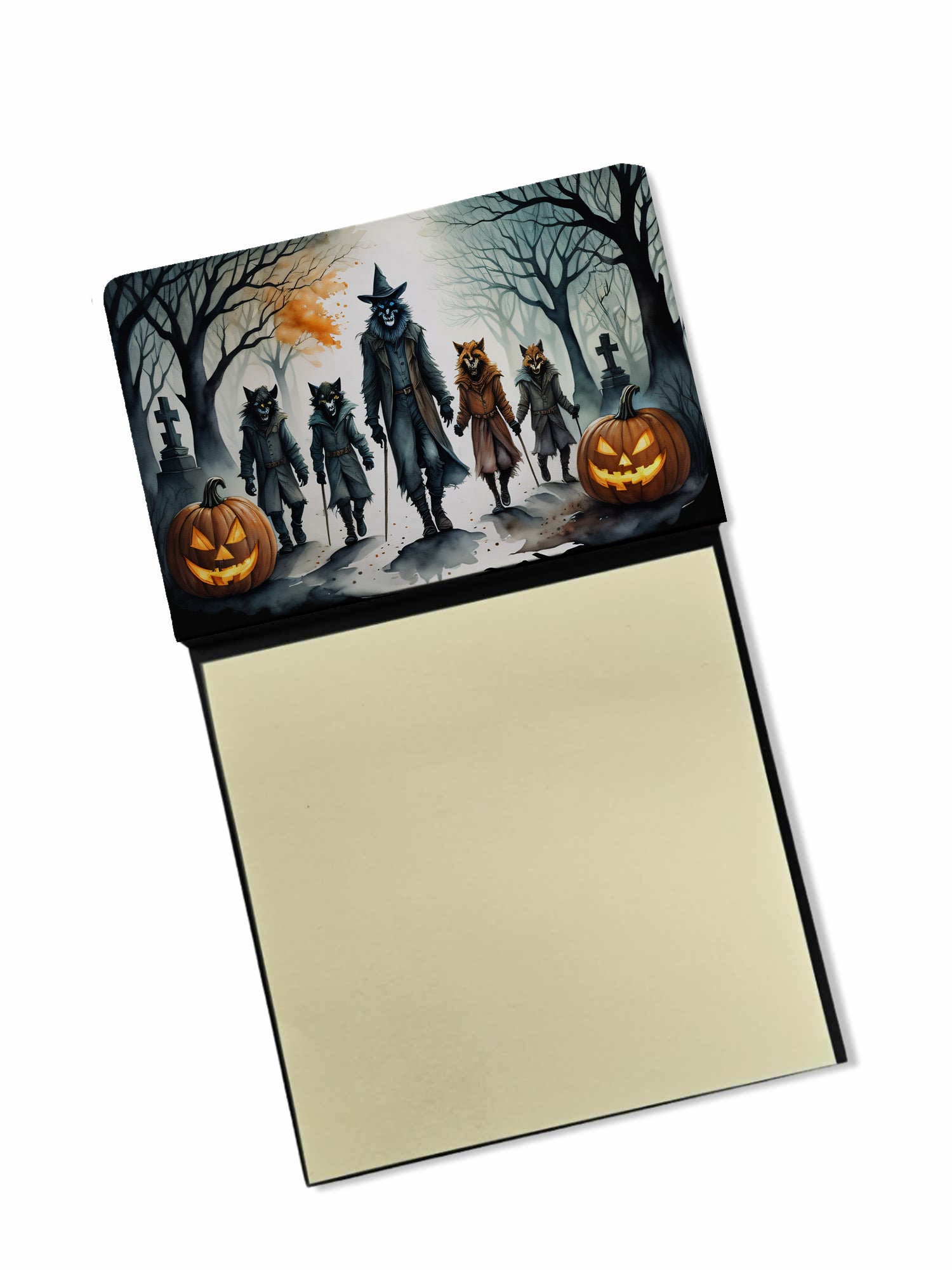 Werewolves Spooky Halloween Watercolor Sticky Note Holder Refillable Dispenser Desk Accessory 3x3 Pad Gift