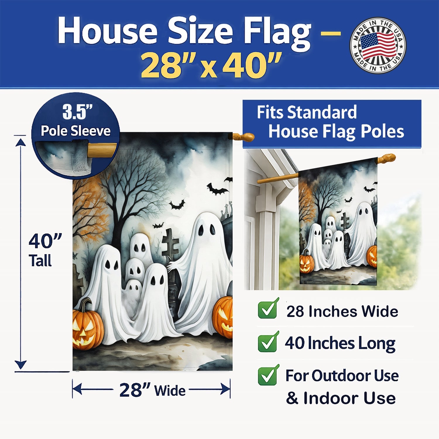 Ghosts Spooky Halloween House Flag 28x40 Porch Sleeve Pole Decorative Outside Yard Banner Artwork Wall Hanging, Polyester