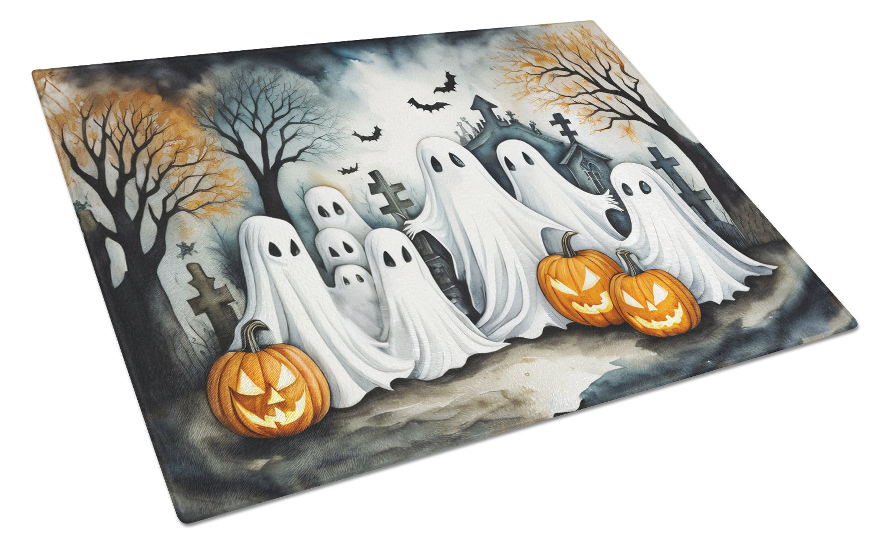 Ghosts Spooky Halloween Cutting Board Tempered Glass Kitchen Cutting Surface, Heat Resistant Chopping, Non-Slip Feet, Food Prep & Serving