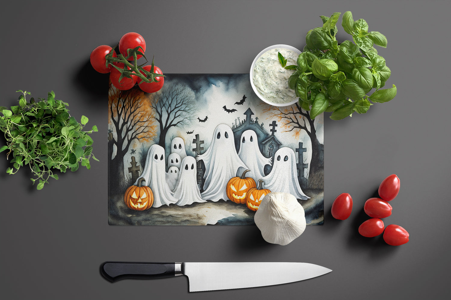 Ghosts Spooky Halloween Cutting Board Tempered Glass Kitchen Cutting Surface, Heat Resistant Chopping, Non-Slip Feet, Food Prep & Serving