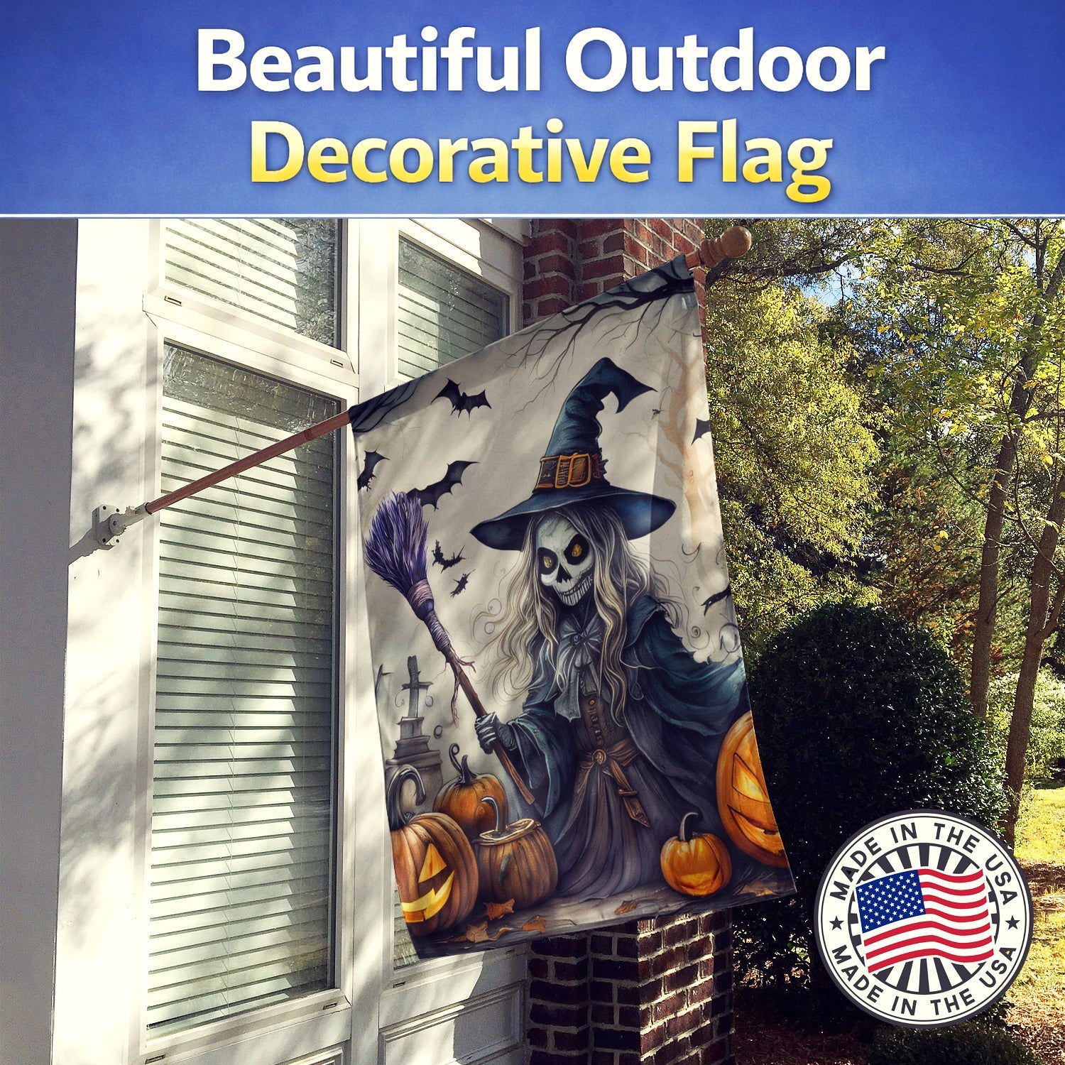 Witch Spooky Halloween House Flag 28x40 Porch Sleeve Pole Decorative Outside Yard Banner Artwork Wall Hanging, Polyester