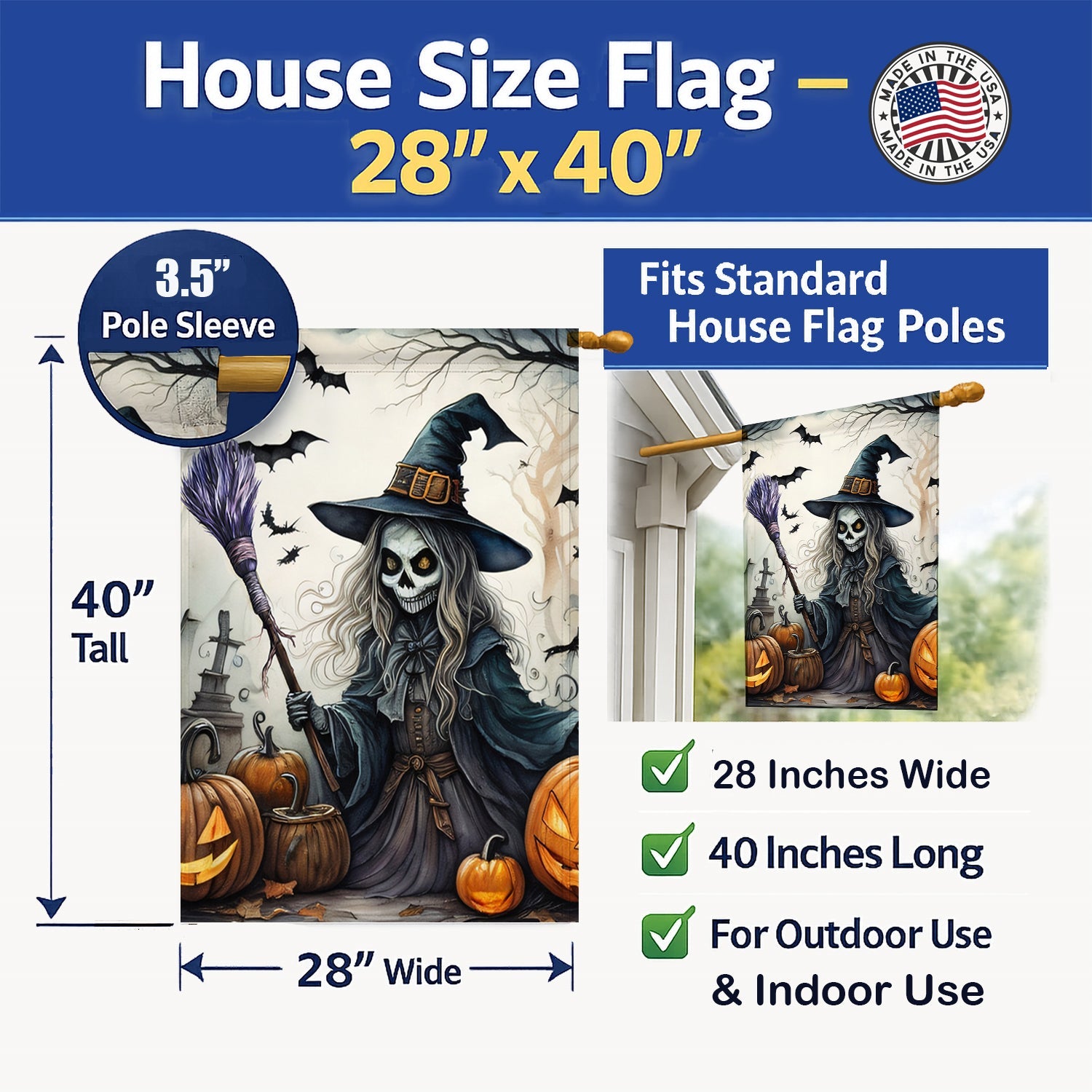 Witch Spooky Halloween House Flag 28x40 Porch Sleeve Pole Decorative Outside Yard Banner Artwork Wall Hanging, Polyester