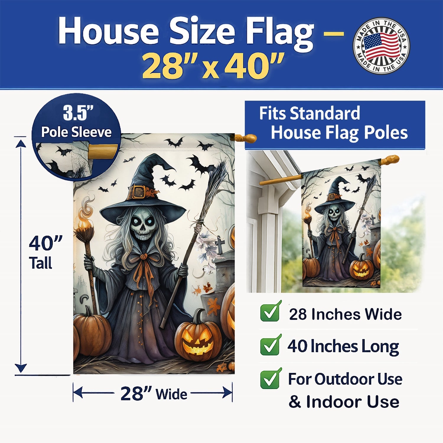 Witch Spooky Halloween House Flag 28x40 Porch Sleeve Pole Decorative Outside Yard Banner Artwork Wall Hanging, Polyester