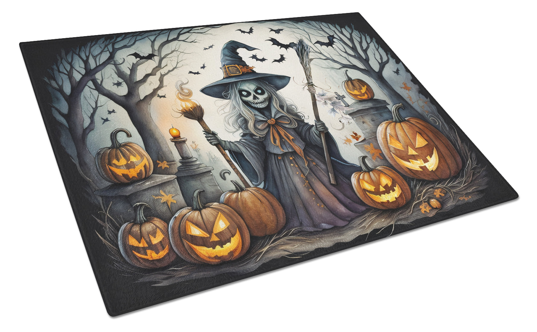 Witch Spooky Halloween Cutting Board Tempered Glass Kitchen Cutting Surface, Heat Resistant Chopping, Non-Slip Feet, Food Prep & Serving