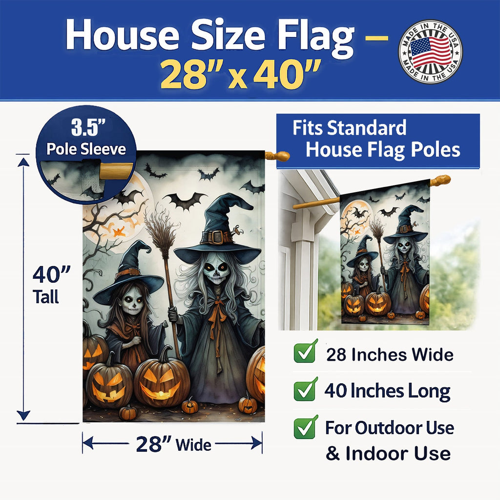 Witches Spooky Halloween House Flag 28x40 Porch Sleeve Pole Decorative Outside Yard Banner Artwork Wall Hanging, Polyester