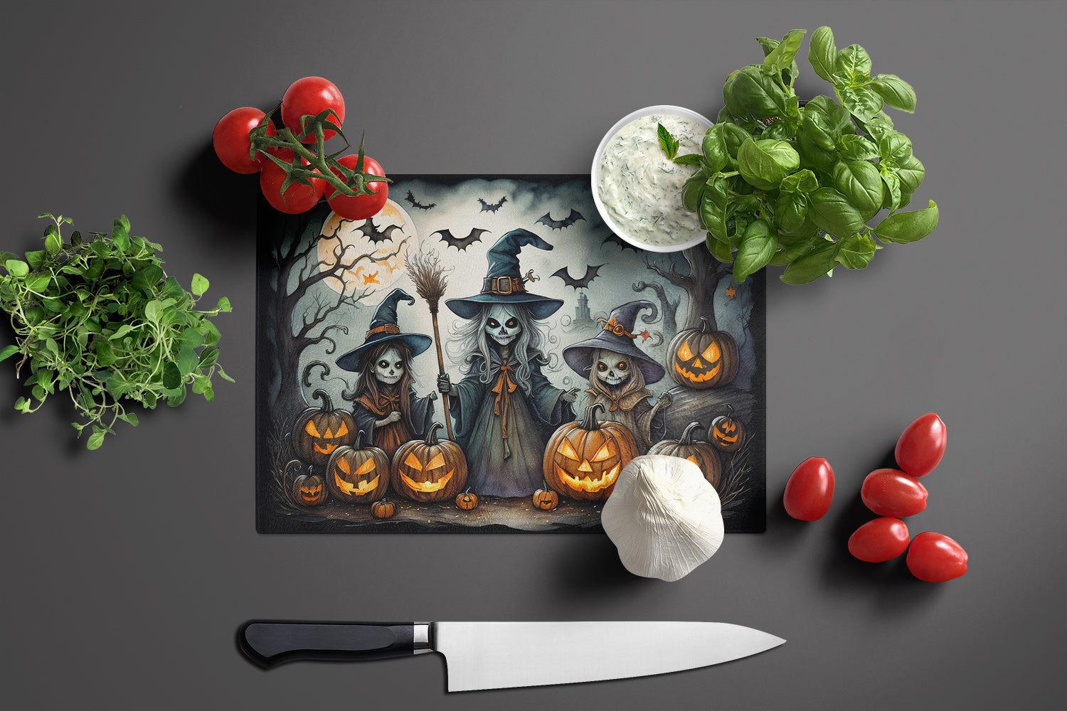 Witches Spooky Halloween Cutting Board Tempered Glass Kitchen Cutting Surface, Heat Resistant Chopping, Non-Slip Feet, Food Prep & Serving