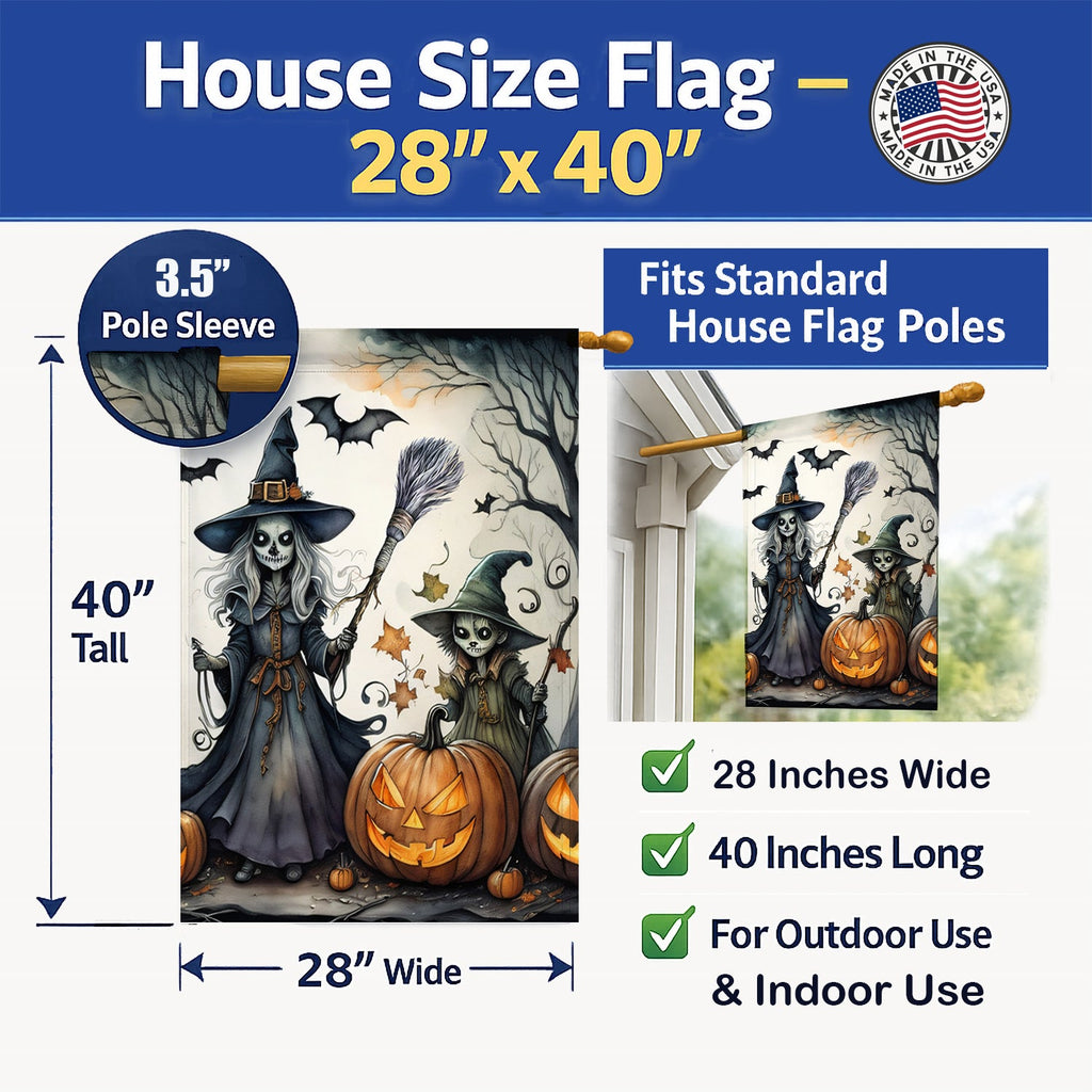 Witches Spooky Halloween House Flag 28x40 Porch Sleeve Pole Decorative Outside Yard Banner Artwork Wall Hanging, Polyester