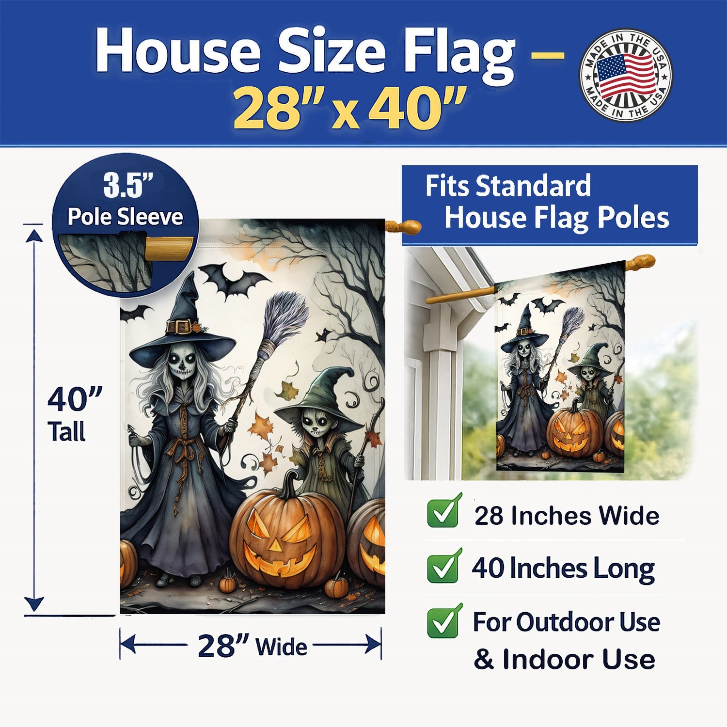 Witches Spooky Halloween House Flag 28x40 Porch Sleeve Pole Decorative Outside Yard Banner Artwork Wall Hanging, Polyester