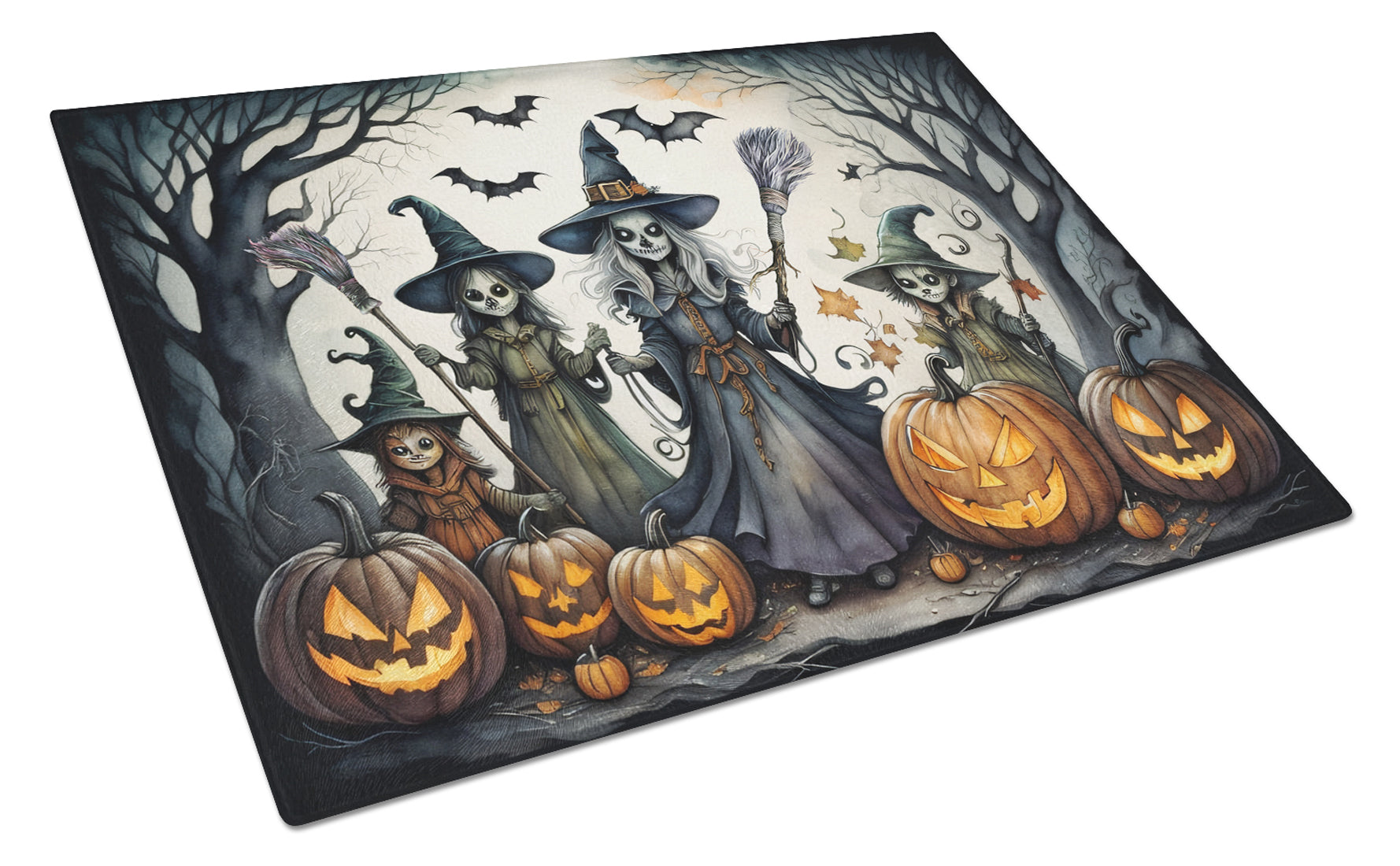 Witches Spooky Halloween Cutting Board Tempered Glass Kitchen Cutting Surface, Heat Resistant Chopping, Non-Slip Feet, Food Prep & Serving