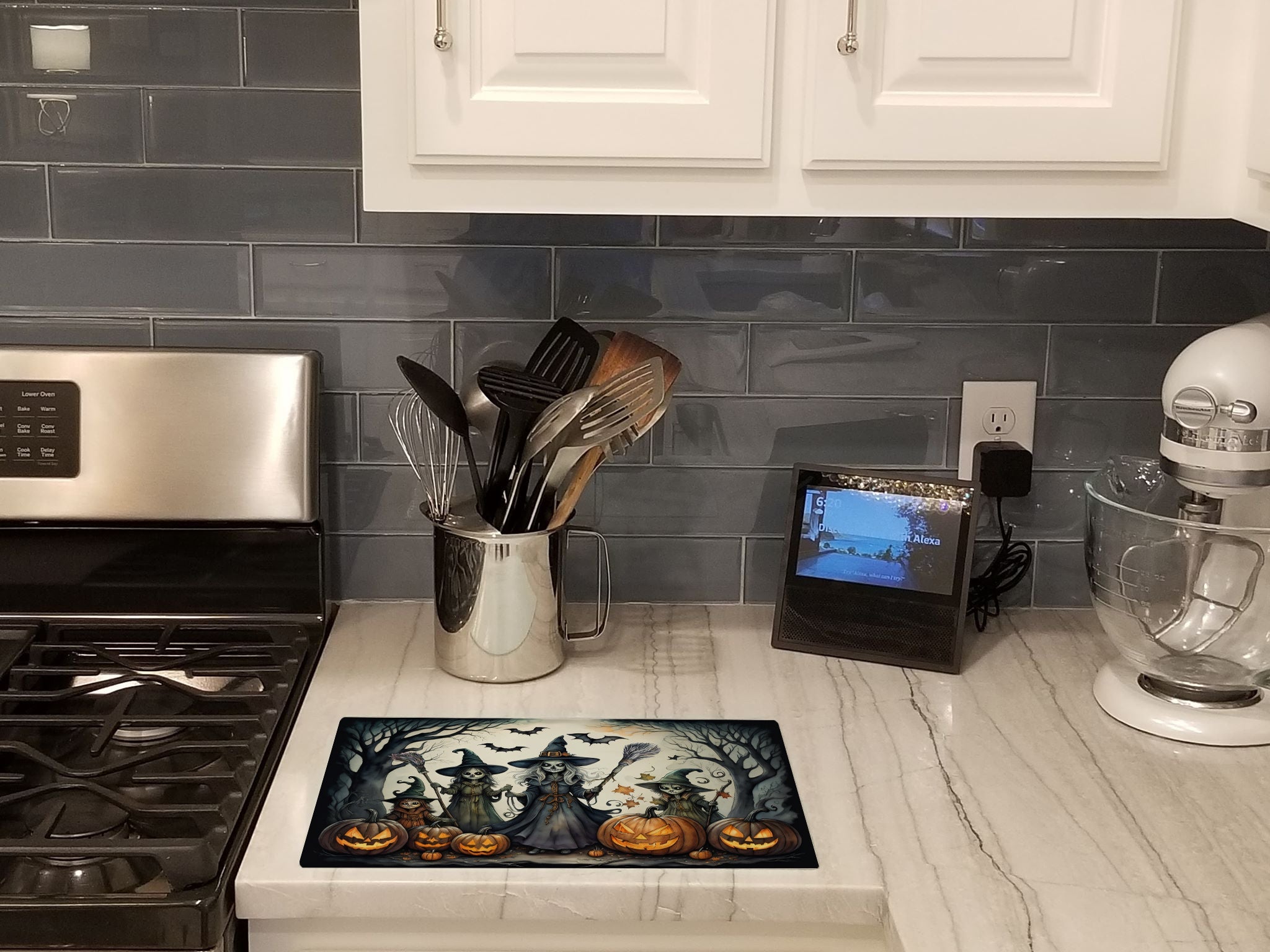 Witches Spooky Halloween Cutting Board Tempered Glass Kitchen Cutting Surface, Heat Resistant Chopping, Non-Slip Feet, Food Prep & Serving