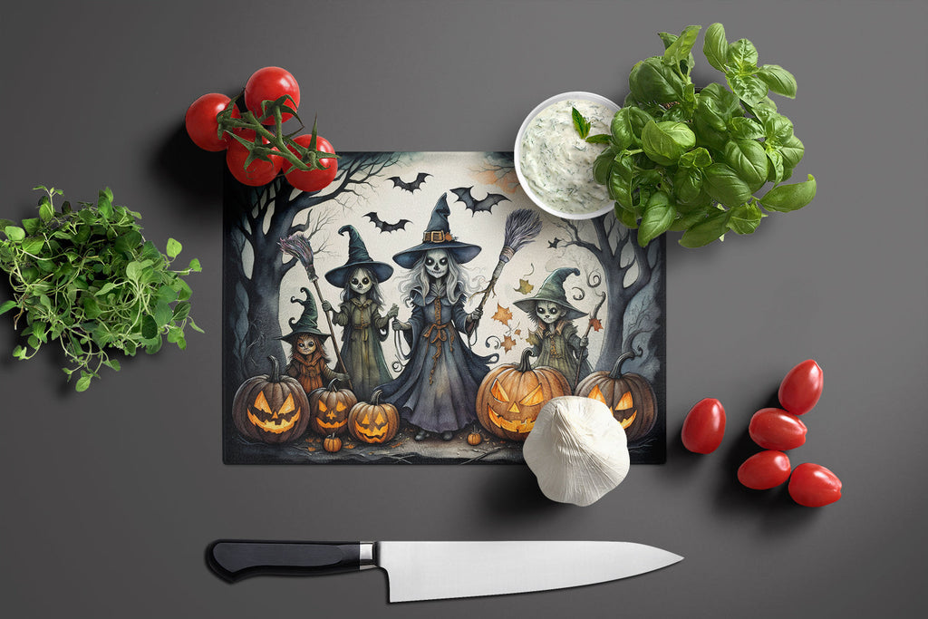 Witches Spooky Halloween Cutting Board Tempered Glass Kitchen Cutting Surface, Heat Resistant Chopping, Non-Slip Feet, Food Prep & Serving