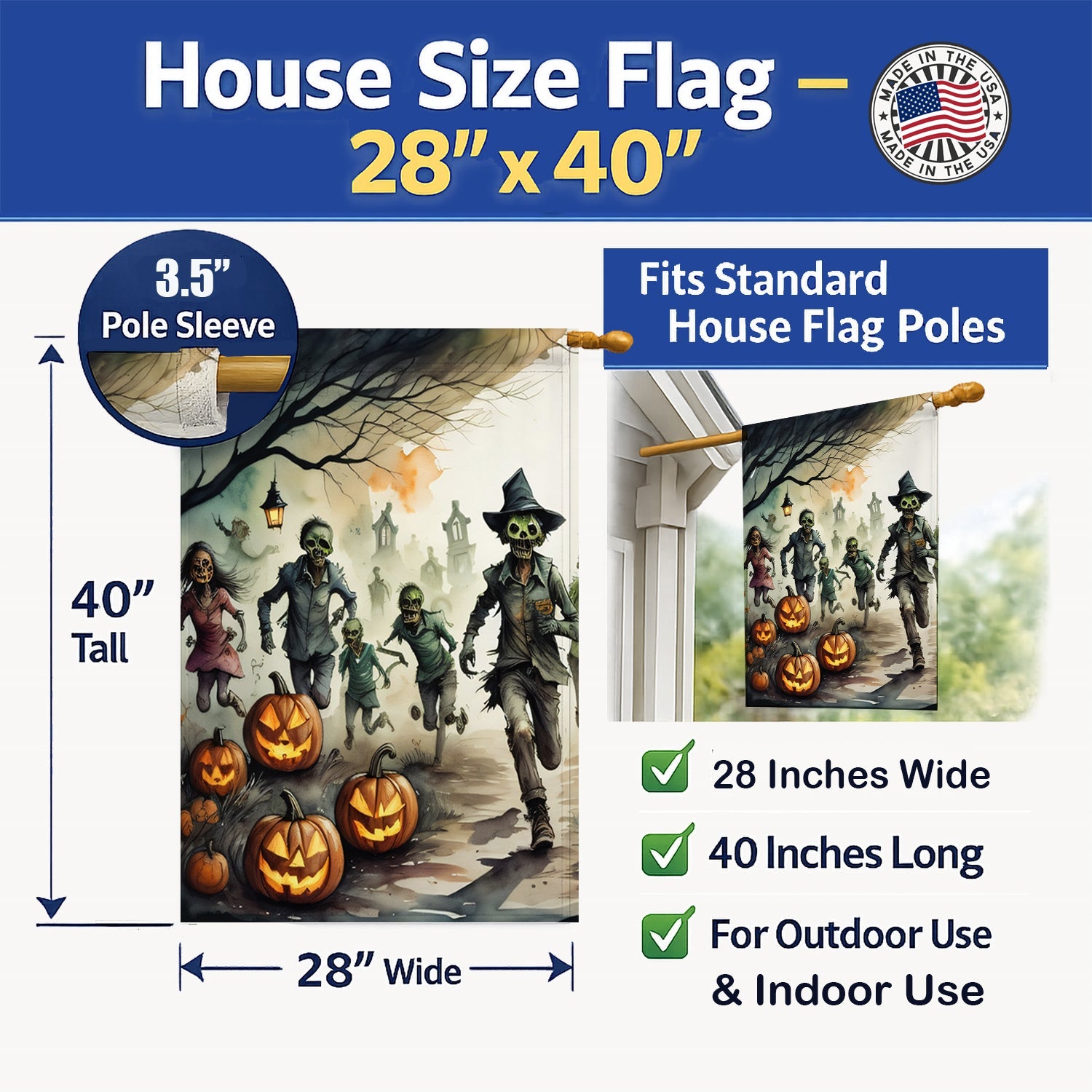 Zombies Spooky Halloween House Flag 28x40 Porch Sleeve Pole Decorative Outside Yard Banner Artwork Wall Hanging, Polyester