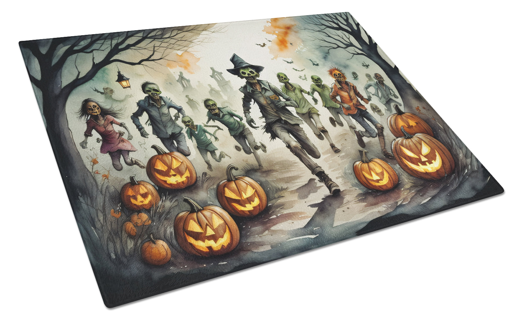 Zombies Spooky Halloween Cutting Board Tempered Glass Kitchen Cutting Surface, Heat Resistant Chopping, Non-Slip Feet, Food Prep & Serving