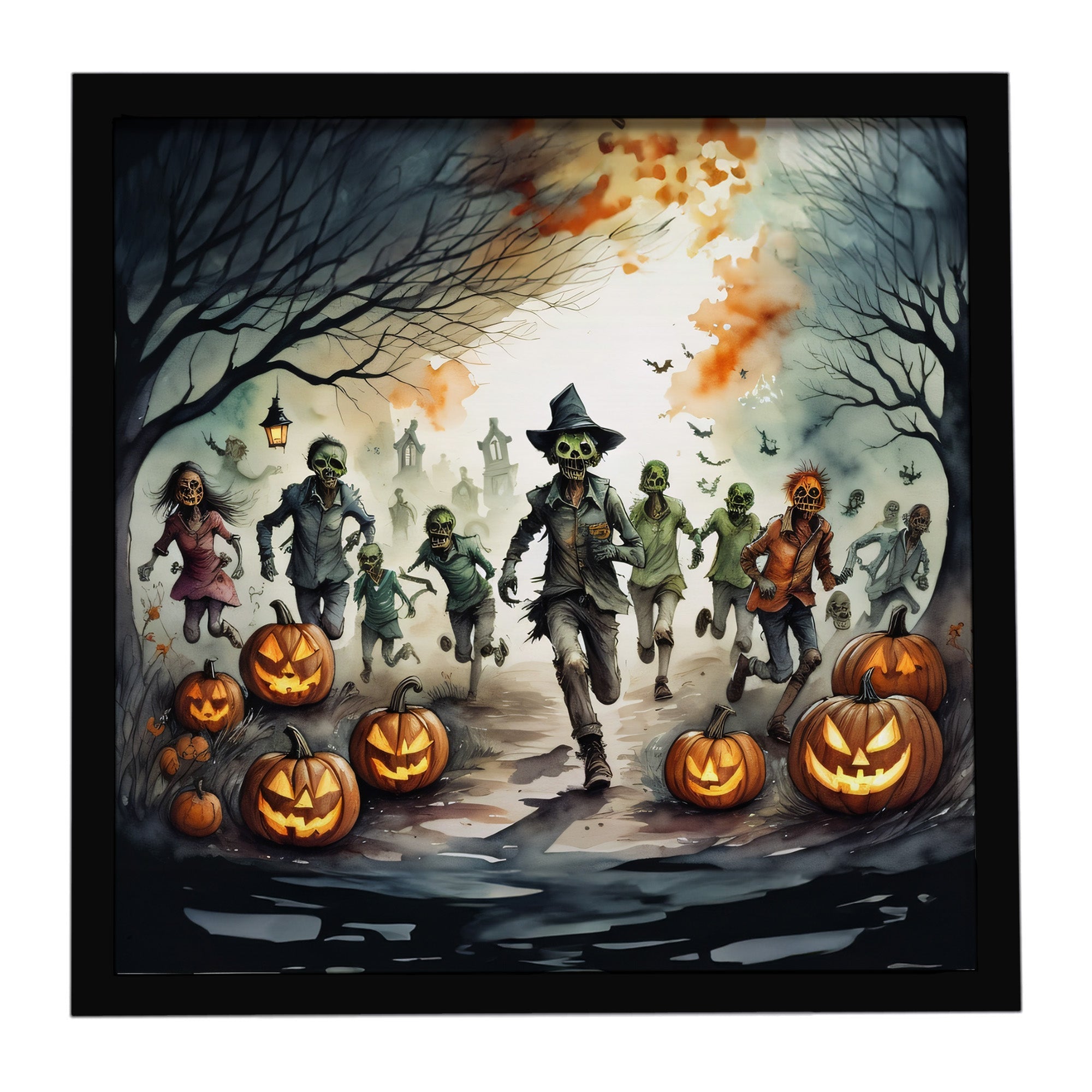 Zombies Spooky Halloween Framed Metal Print Bathroom, Kitchen, Office, Home Decor Wall Art Ready to Hang, Square, 8X8