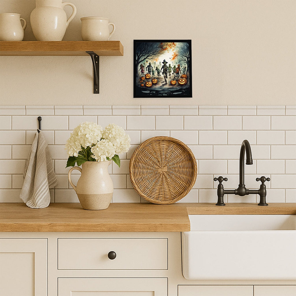 Zombies Spooky Halloween Framed Metal Print Bathroom, Kitchen, Office, Home Decor Wall Art Ready to Hang, Square, 8X8