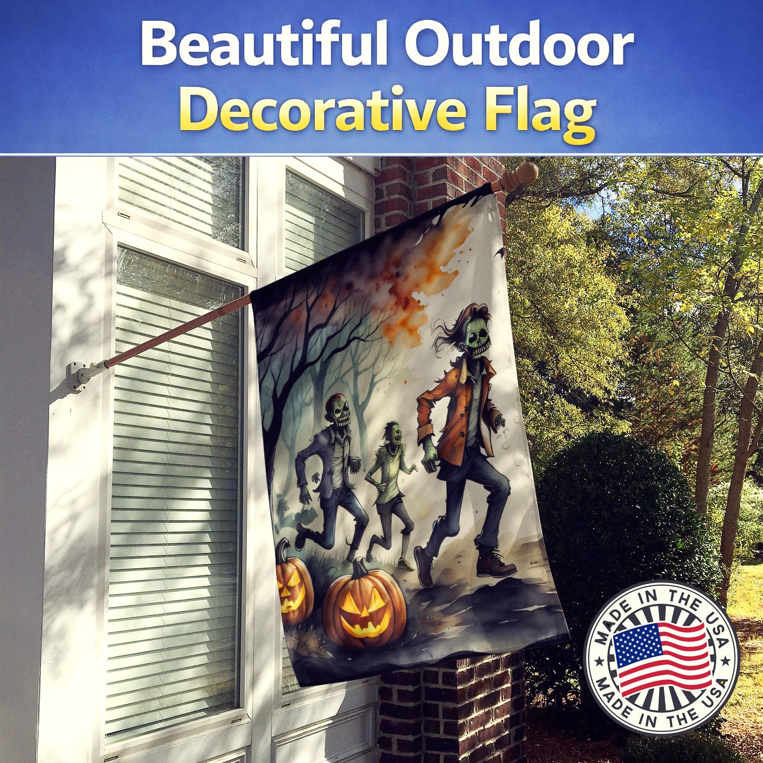 Zombies Spooky Halloween House Flag 28x40 Porch Sleeve Pole Decorative Outside Yard Banner Artwork Wall Hanging, Polyester