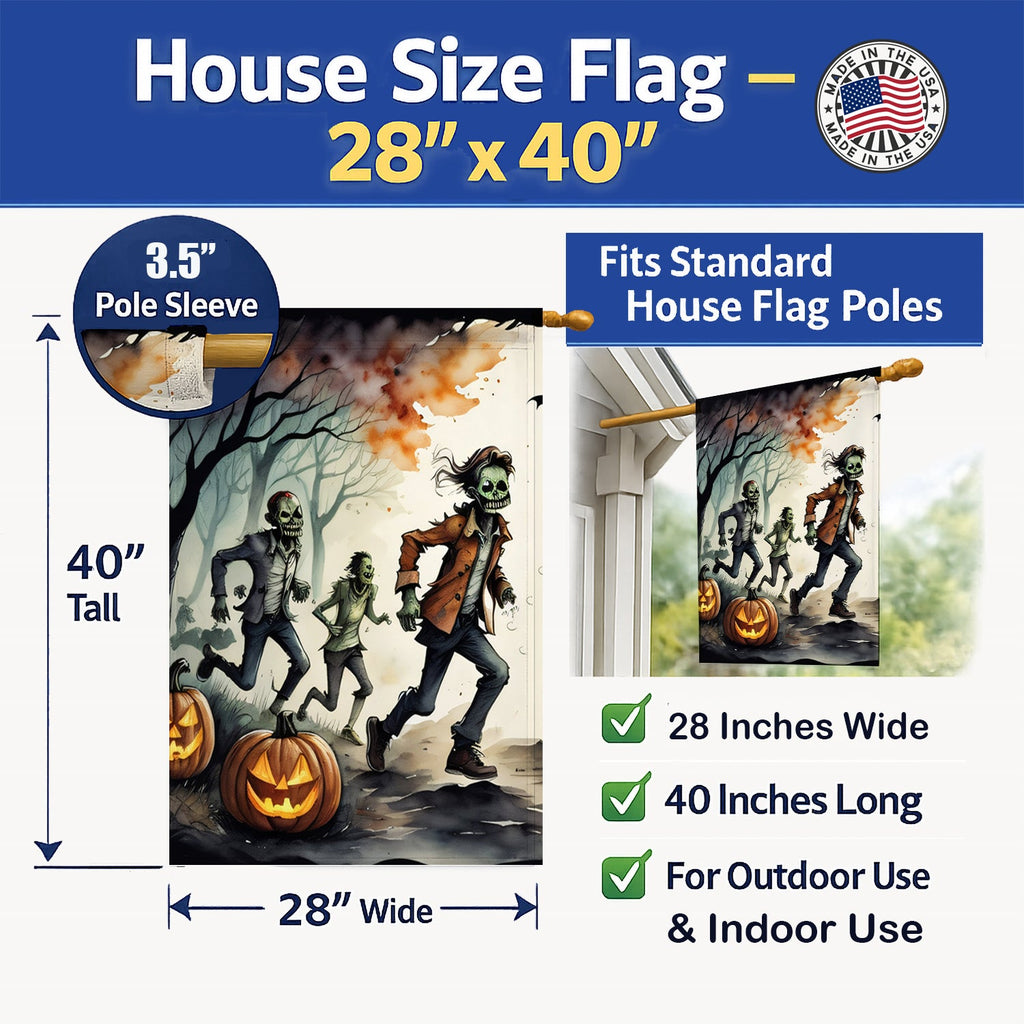 Zombies Spooky Halloween House Flag 28x40 Porch Sleeve Pole Decorative Outside Yard Banner Artwork Wall Hanging, Polyester