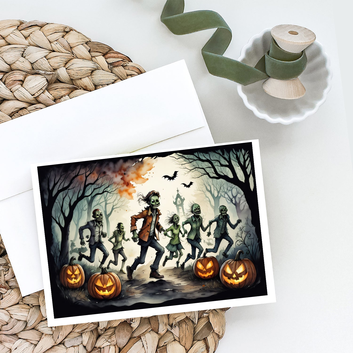 Zombies Spooky Halloween Greeting Cards Pack of 8 Blank Cards with Envelopes Whimsical A7 Size 5x7