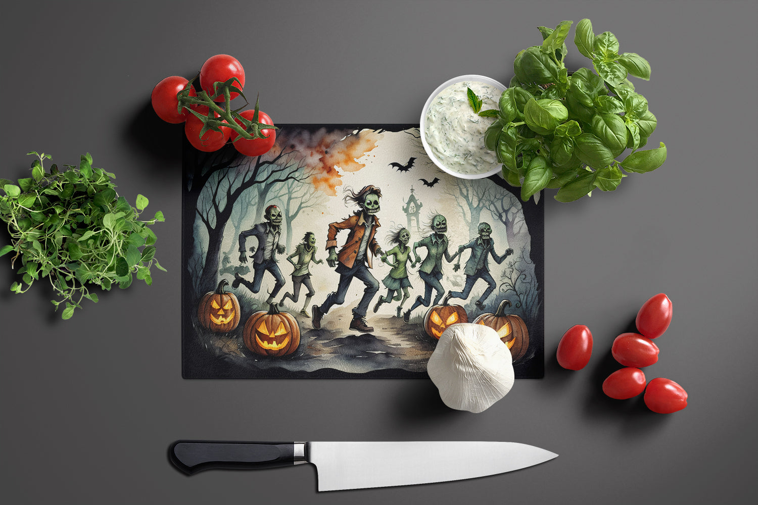 Zombies Spooky Halloween Cutting Board Tempered Glass Kitchen Cutting Surface, Heat Resistant Chopping, Non-Slip Feet, Food Prep & Serving