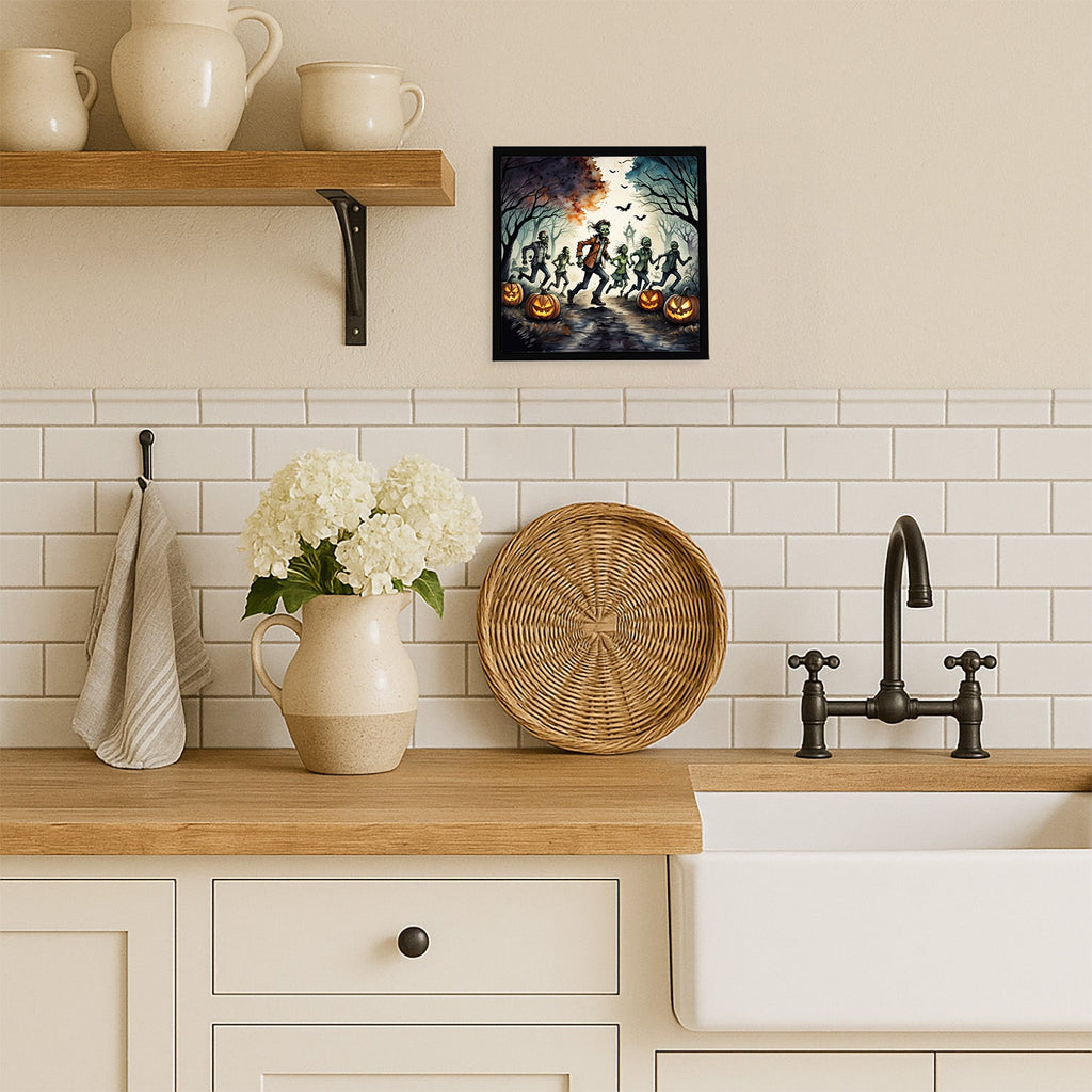 Zombies Spooky Halloween Framed Metal Print Bathroom, Kitchen, Office, Home Decor Wall Art Ready to Hang, Square, 8X8