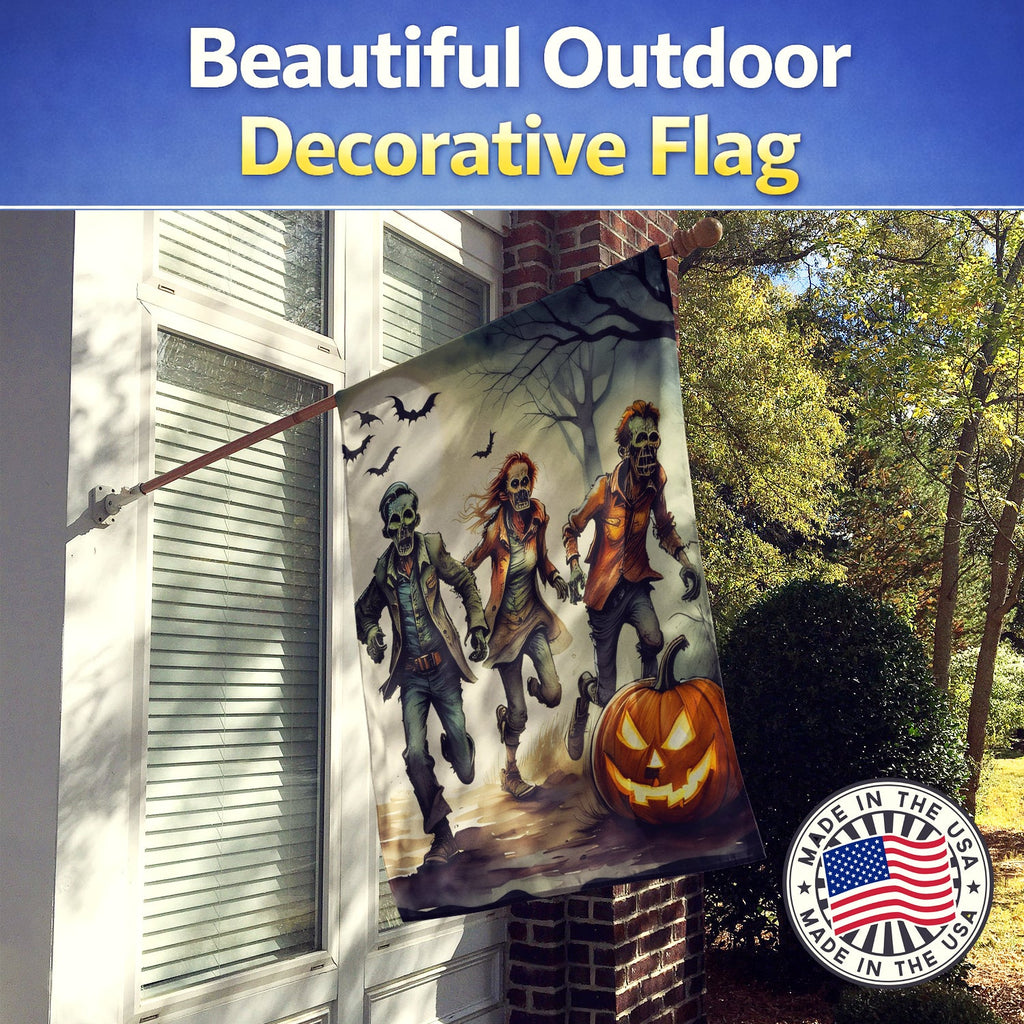 Zombies Spooky Halloween House Flag 28x40 Porch Sleeve Pole Decorative Outside Yard Banner Artwork Wall Hanging, Polyester