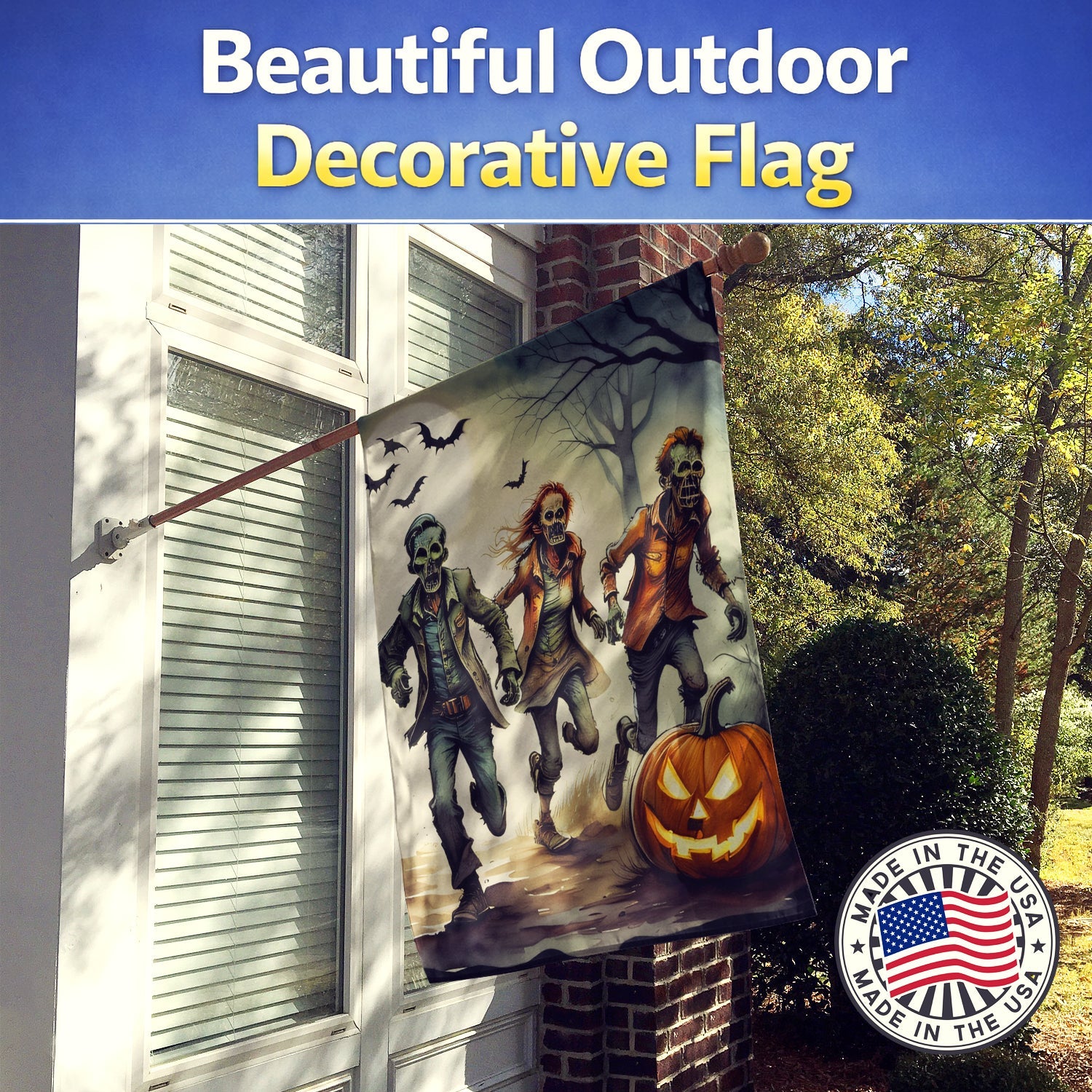 Zombies Spooky Halloween House Flag 28x40 Porch Sleeve Pole Decorative Outside Yard Banner Artwork Wall Hanging, Polyester