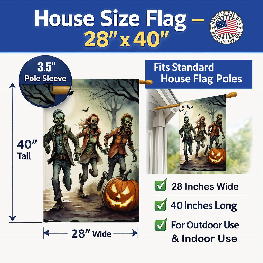 Zombies Spooky Halloween House Flag 28x40 Porch Sleeve Pole Decorative Outside Yard Banner Artwork Wall Hanging, Polyester