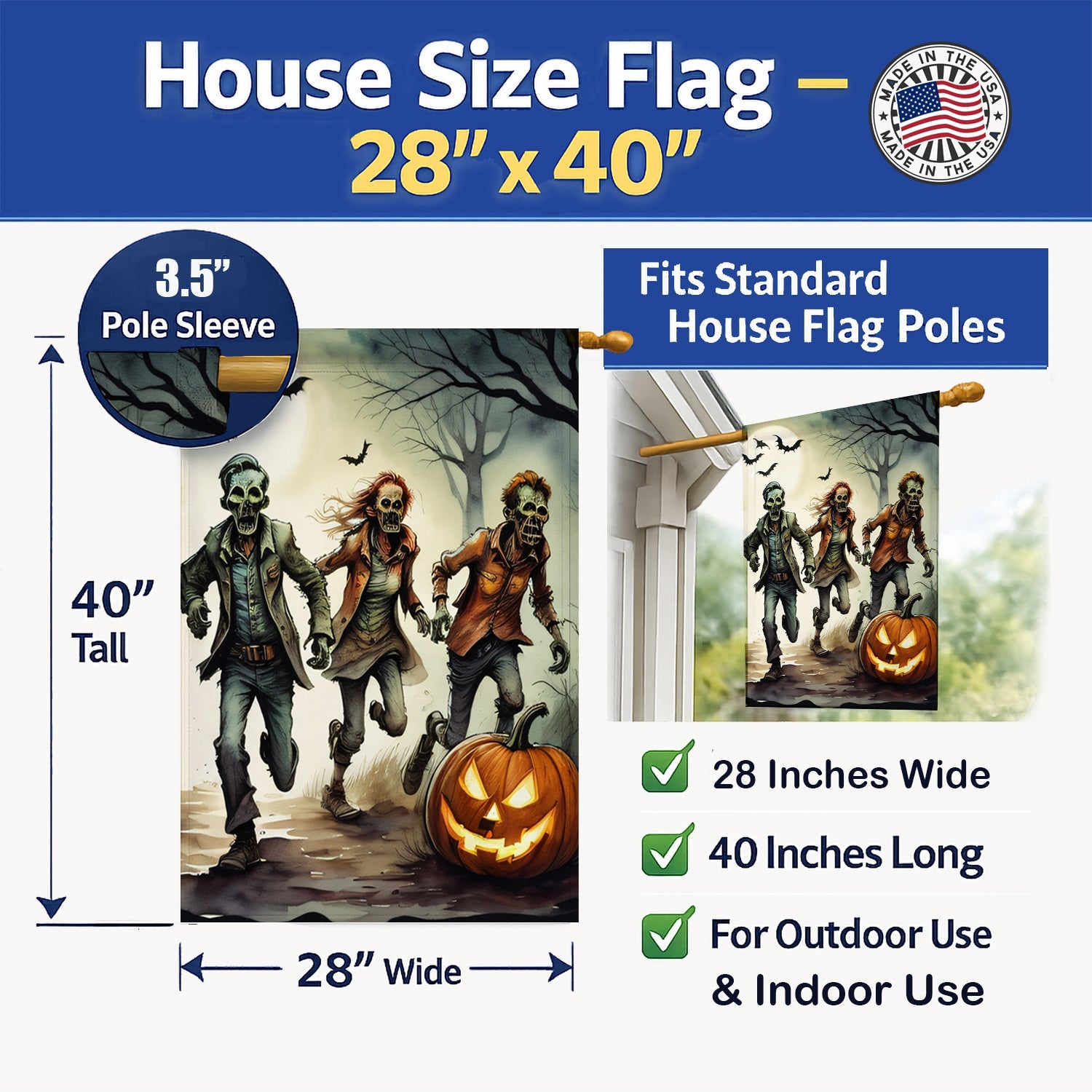 Zombies Spooky Halloween House Flag 28x40 Porch Sleeve Pole Decorative Outside Yard Banner Artwork Wall Hanging, Polyester