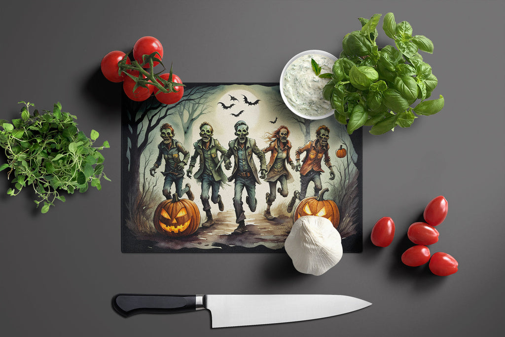 Zombies Spooky Halloween Cutting Board Tempered Glass Kitchen Cutting Surface, Heat Resistant Chopping, Non-Slip Feet, Food Prep & Serving