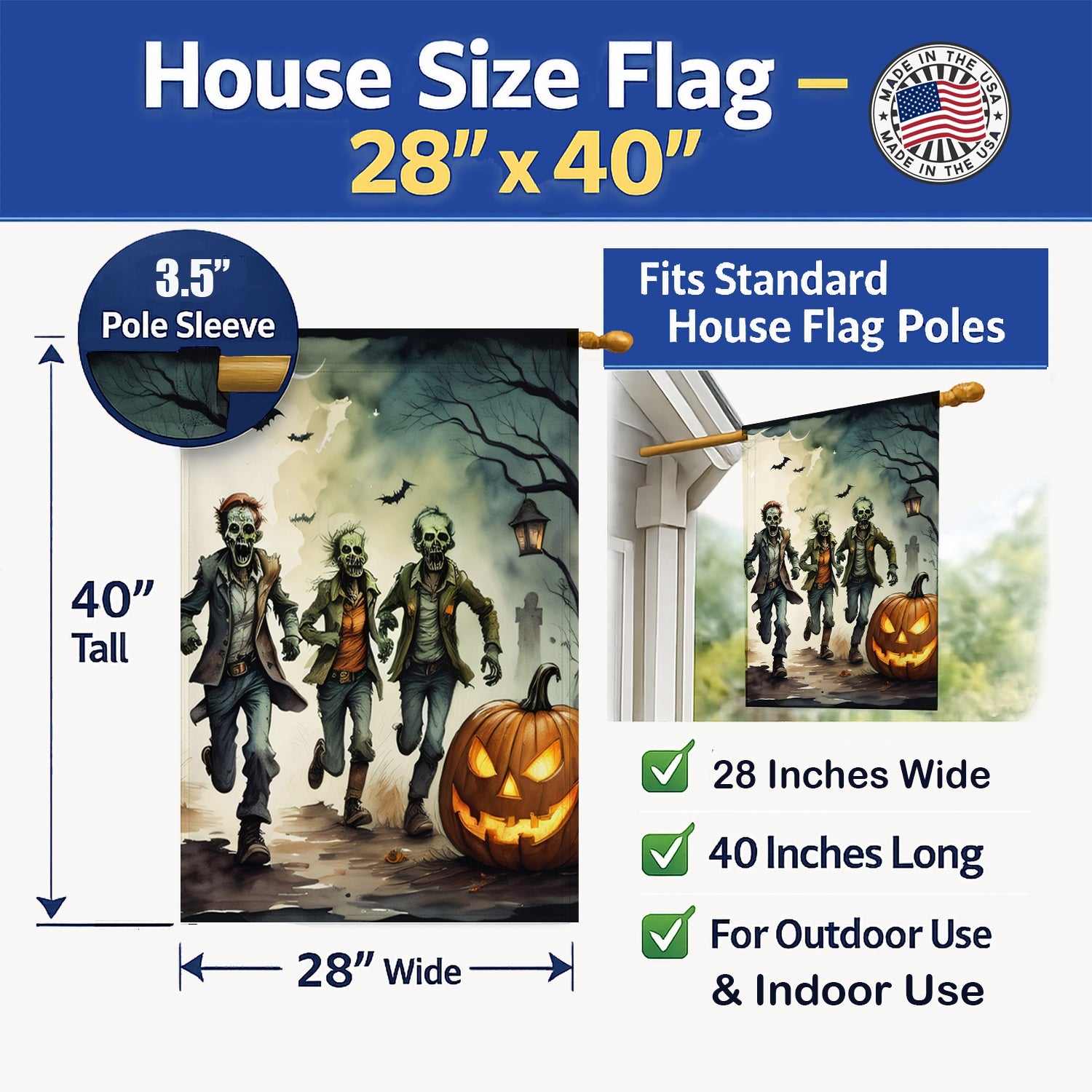 Zombies Spooky Halloween House Flag 28x40 Porch Sleeve Pole Decorative Outside Yard Banner Artwork Wall Hanging, Polyester