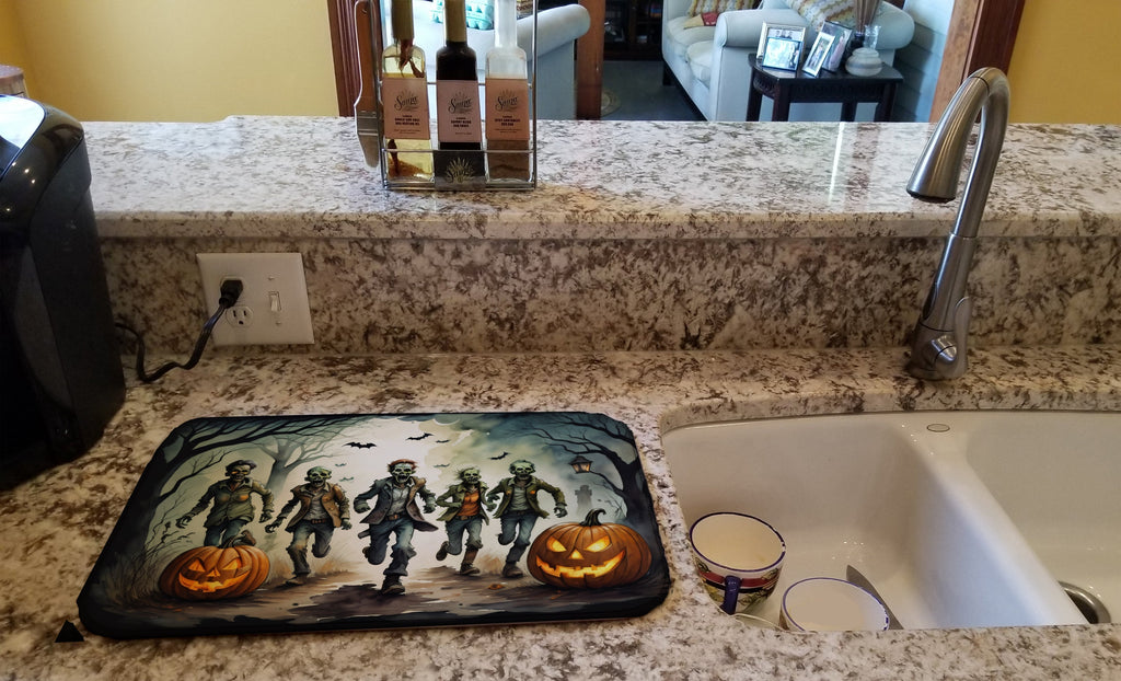Zombies Spooky Halloween Dish Drying Mat Absorbent Dish Drying Mat Pad for Kitchen Counter Dish Drainer Mat for Countertop, 14 x 21", Multicolor