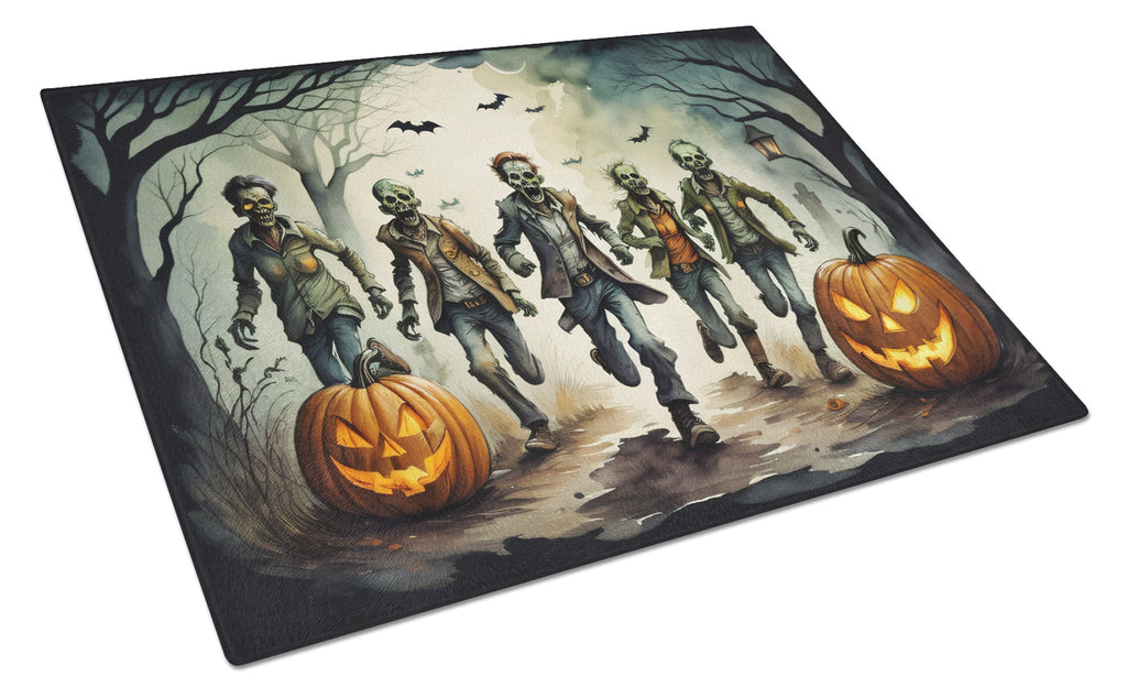 Zombies Spooky Halloween Cutting Board Tempered Glass Kitchen Cutting Surface, Heat Resistant Chopping, Non-Slip Feet, Food Prep & Serving