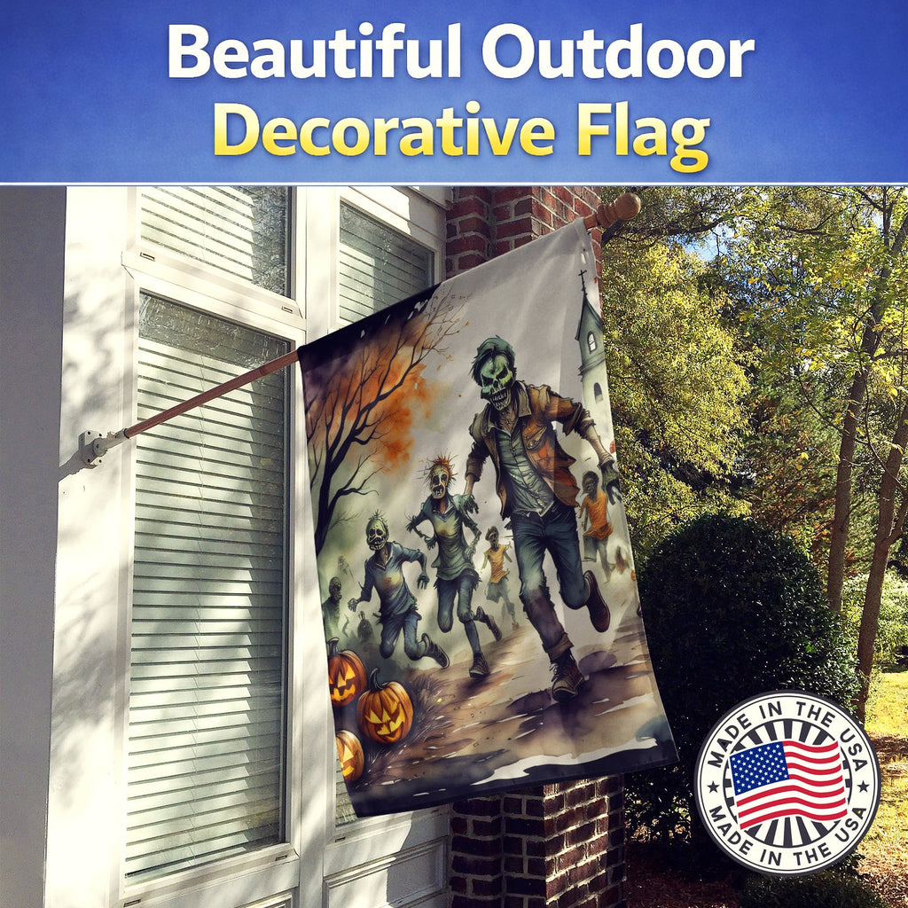 Zombies Spooky Halloween House Flag 28x40 Porch Sleeve Pole Decorative Outside Yard Banner Artwork Wall Hanging, Polyester