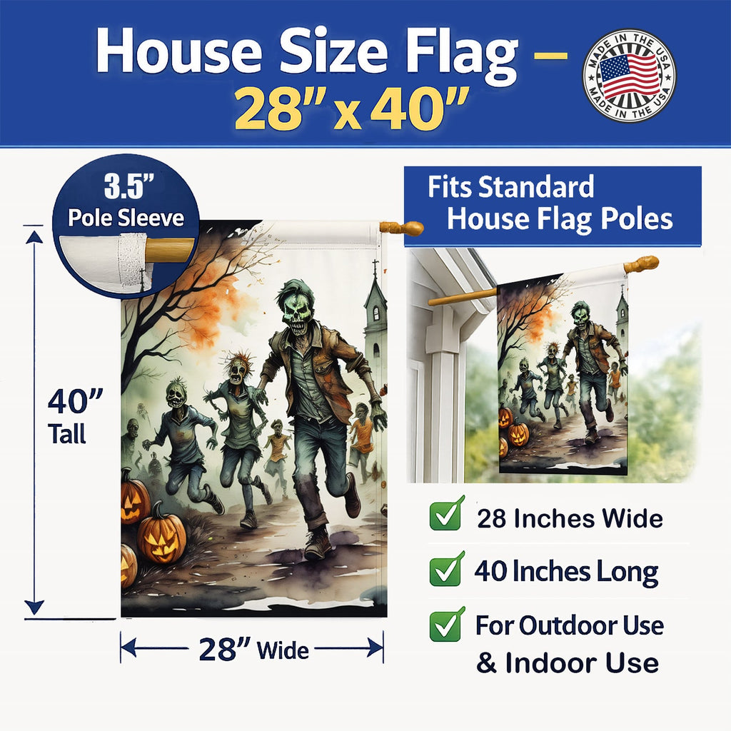 Zombies Spooky Halloween House Flag 28x40 Porch Sleeve Pole Decorative Outside Yard Banner Artwork Wall Hanging, Polyester